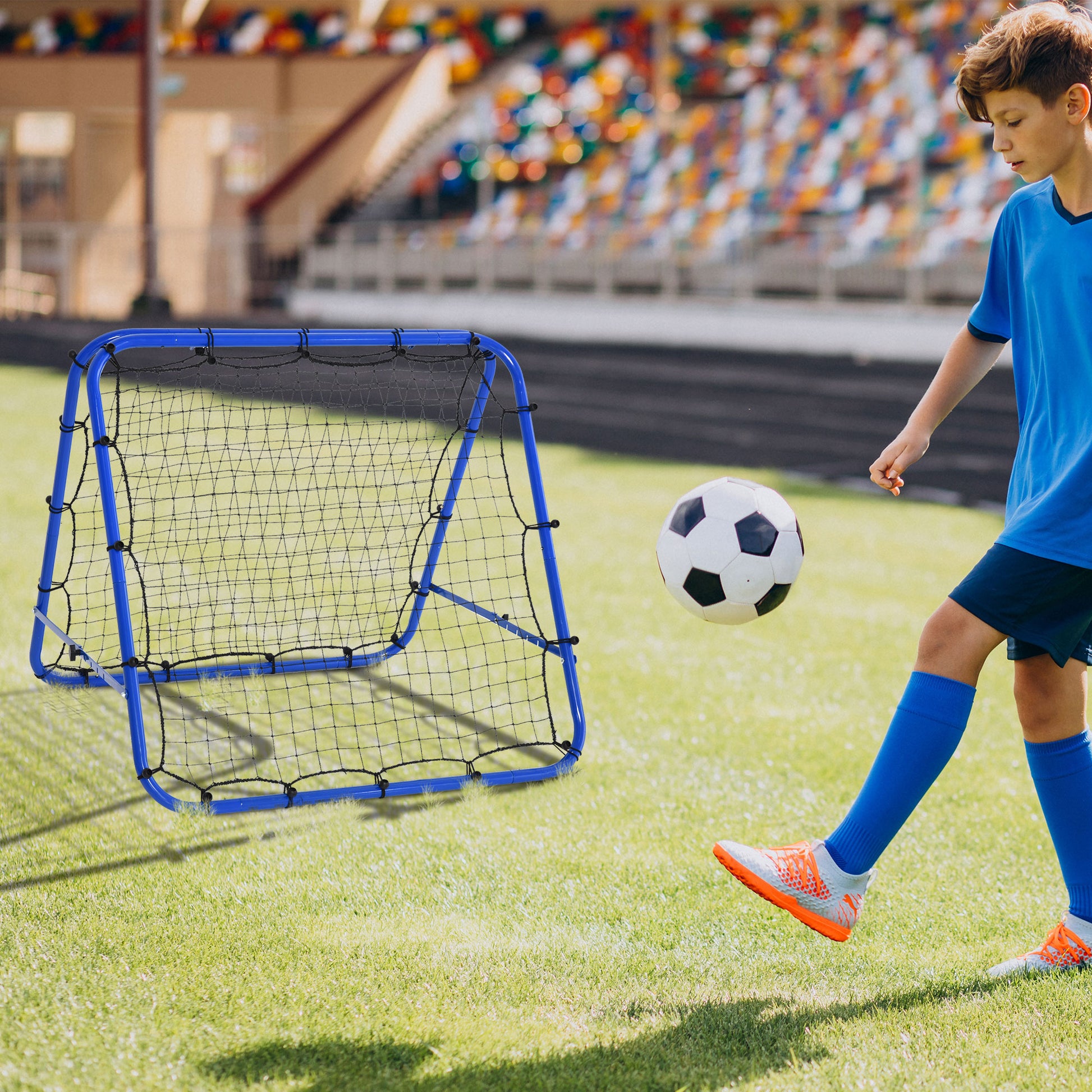 Football Rebounder, Adjustable Kickback Rebound Wall with 5 Angle Positions and Rebound Net, 100 x 95cm Soccer Goal for Teens, Rebound Wall for Handball Training, Blue