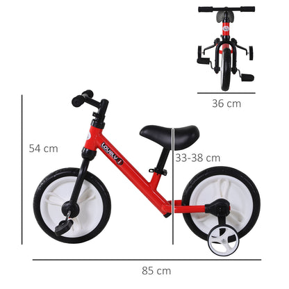 Kids Balance Bike, Learn-to-Ride Bike, Kids Bike, 2-in-1, Children's Bike with Training Wheels and Pedals, 2-5 Years, Adjustable Seat Height, PP, Red, 85 x 36 x 54 cm
