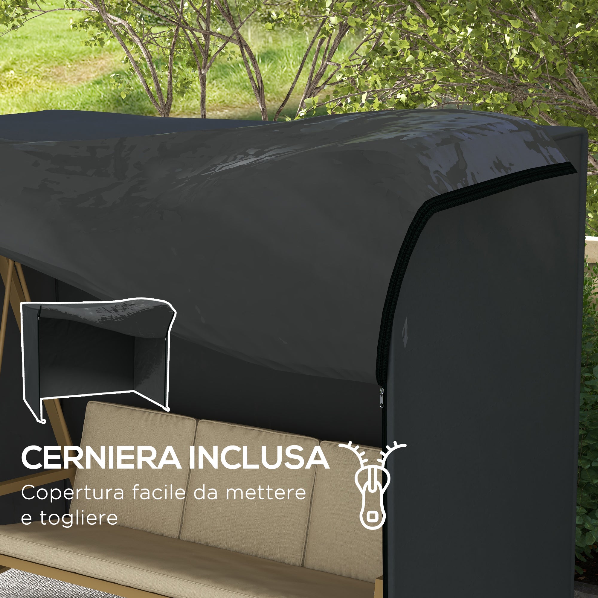 Garden Swing Cover 3 Seater, Waterproof Anti UV Swing Cover, 220x125x172 cm, Black