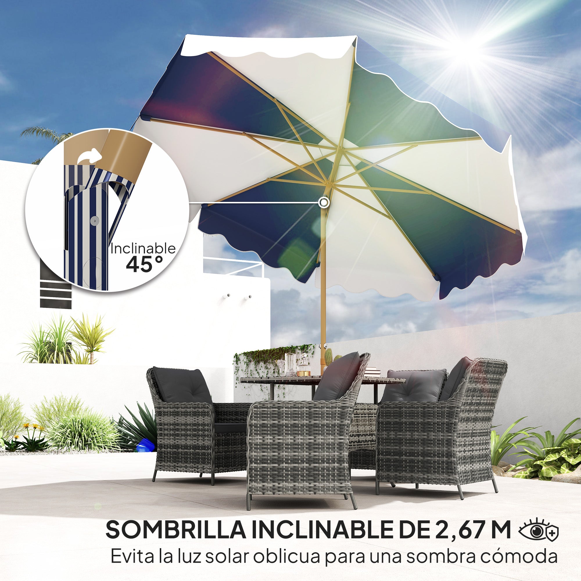 Garden Patio Umbrella Ø267 cm Outdoor Terrace Umbrella with Tilt Angle and Crank UV 50+ Protection Sunshade for Patio Terrace Blue and White