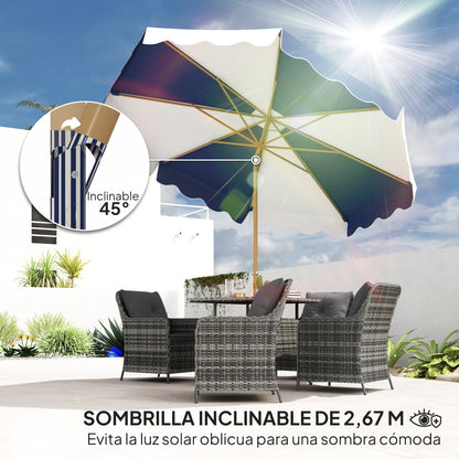 Garden Patio Umbrella Ø267 cm Outdoor Terrace Umbrella with Tilt Angle and Crank UV 50+ Protection Sunshade for Patio Terrace Blue and White