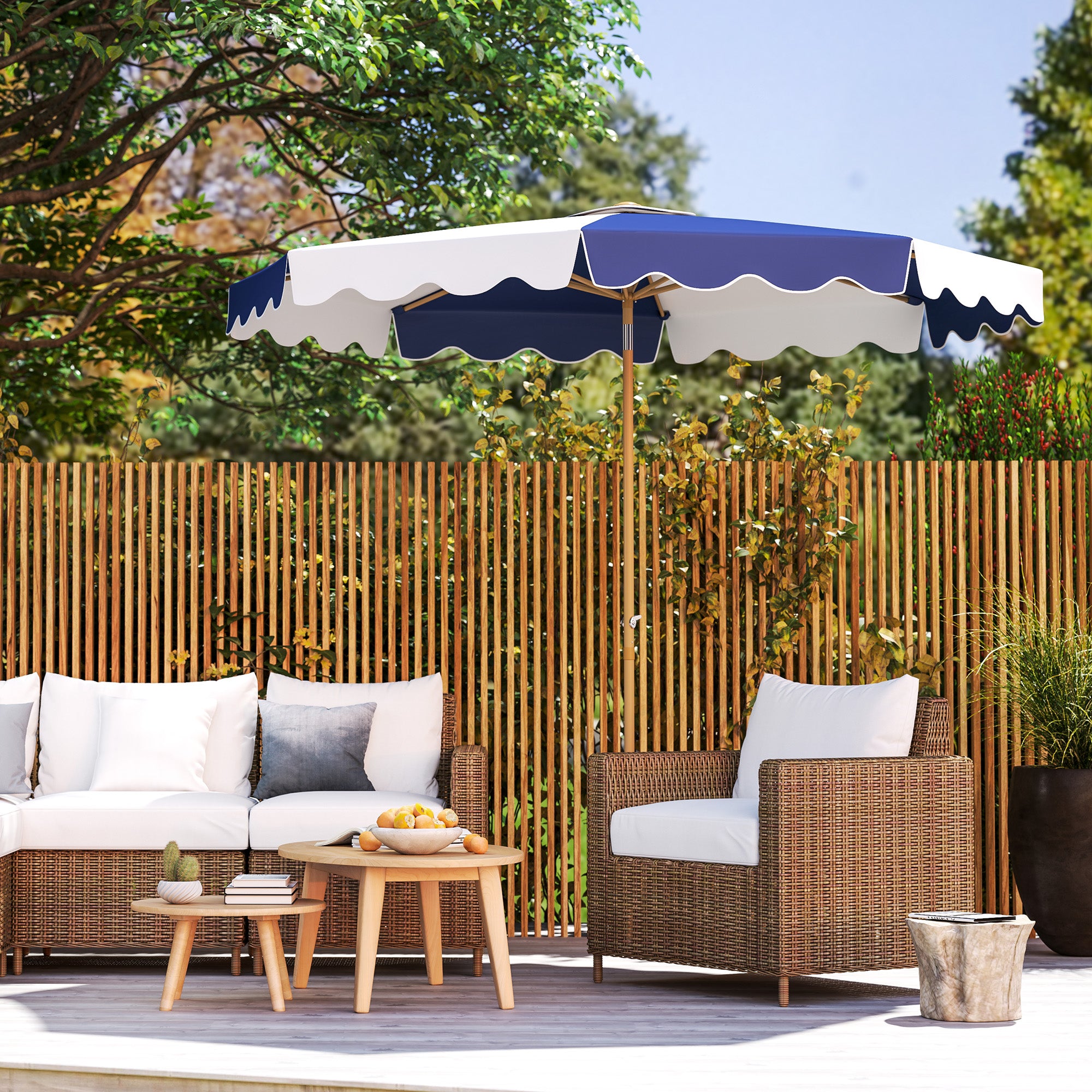 Garden Patio Umbrella Ø267 cm Outdoor Terrace Umbrella with Tilt Angle and Crank UV 50+ Protection Sunshade for Patio Terrace Blue and White