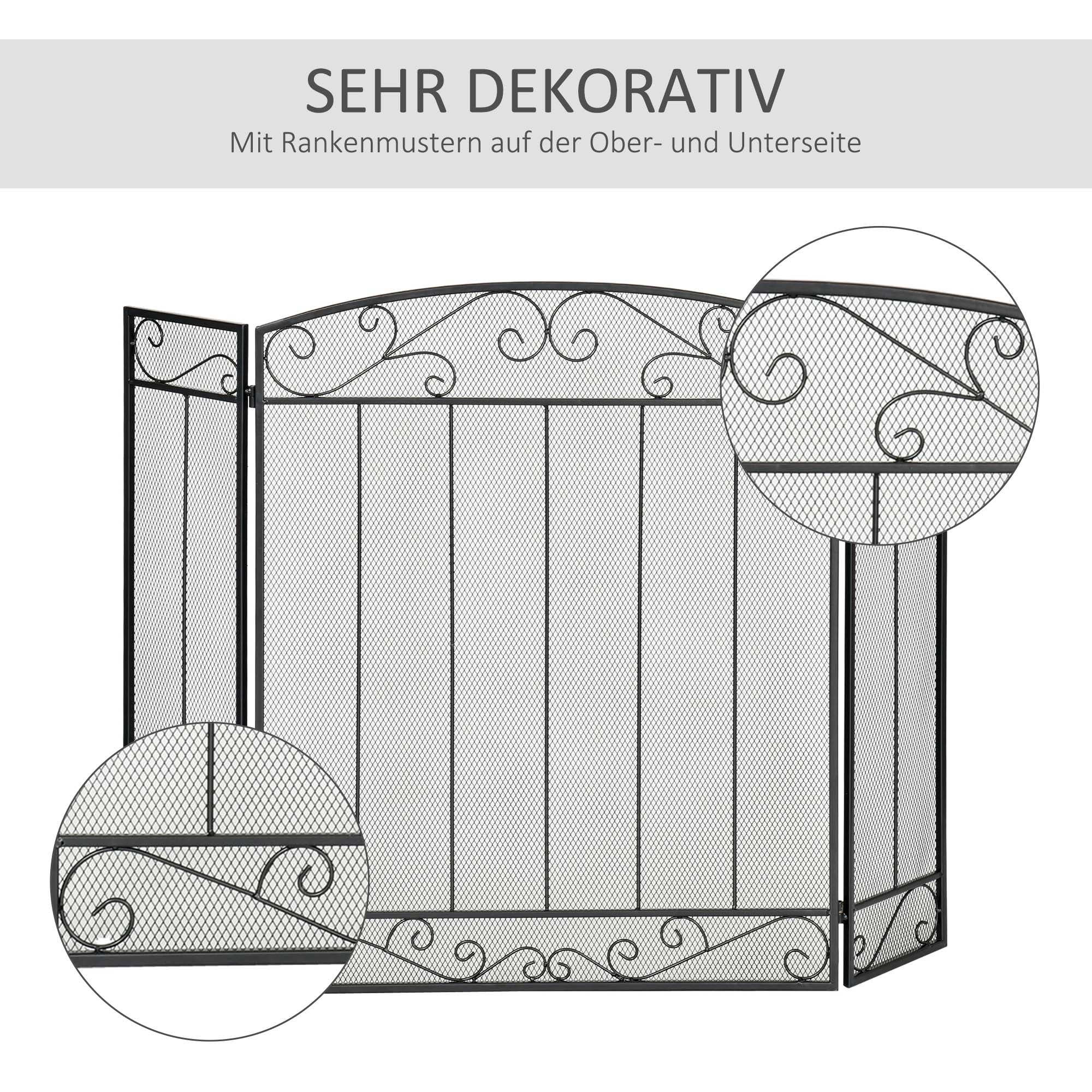 Spark Guard, 3-piece Foldable Fireplace Guard, Fireplace Spark Guard, Fire Screen, Fireplace Spark Protection, Stove Guard, Steel, 105 x 80.5 cm, Black