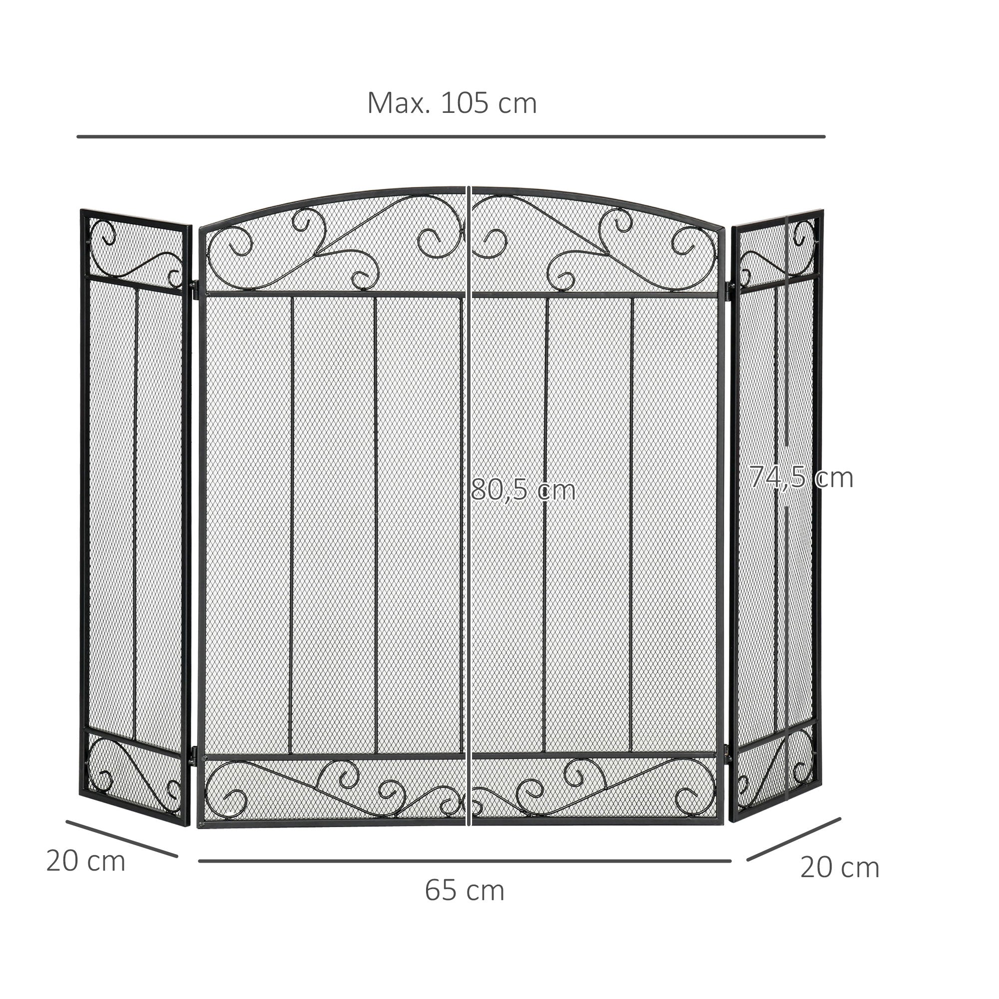 Spark Guard, 3-piece Foldable Fireplace Guard, Fireplace Spark Guard, Fire Screen, Fireplace Spark Protection, Stove Guard, Steel, 105 x 80.5 cm, Black