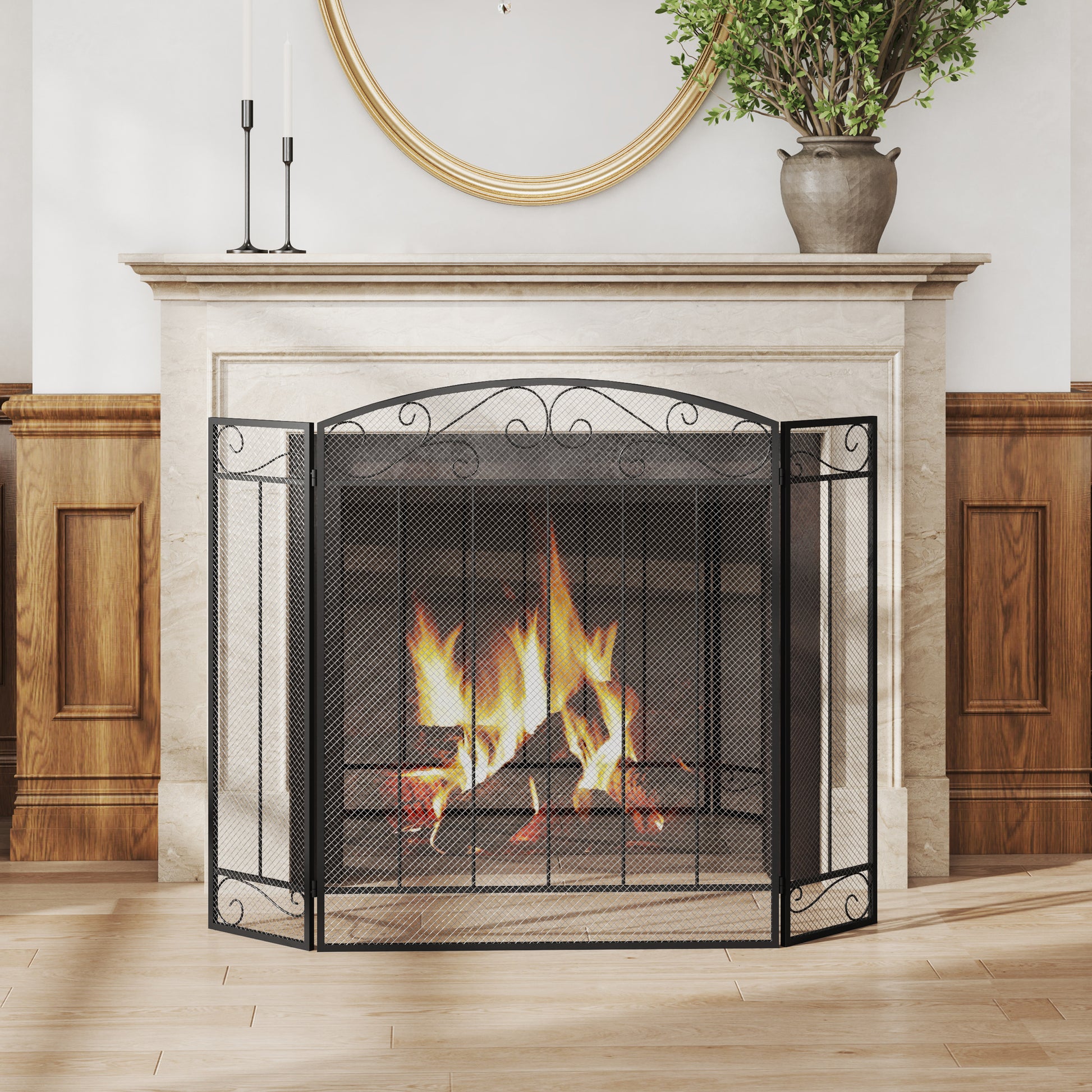Spark Guard, 3-piece Foldable Fireplace Guard, Fireplace Spark Guard, Fire Screen, Fireplace Spark Protection, Stove Guard, Steel, 105 x 80.5 cm, Black
