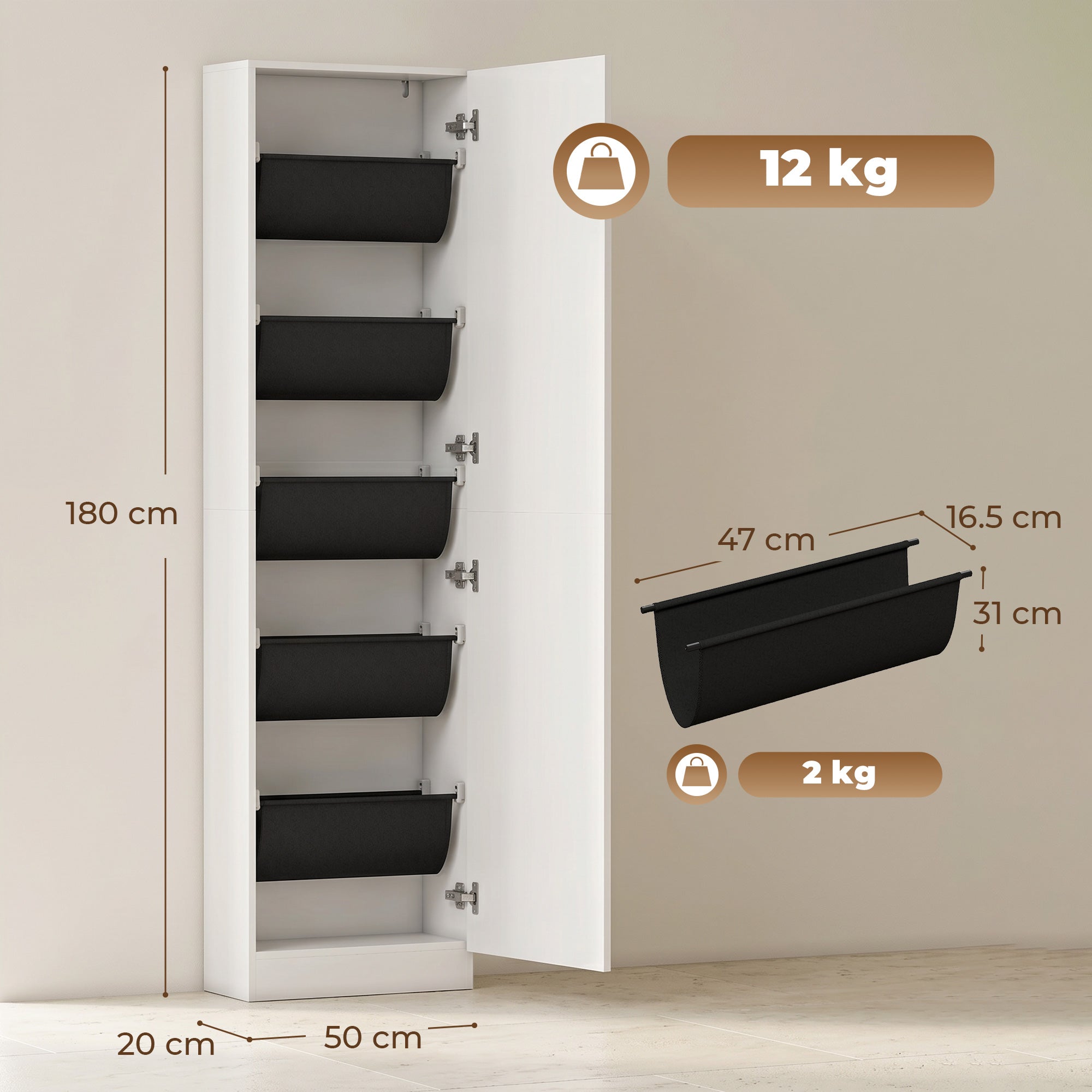 Slim Space-Saving Shoe Cabinet with Full-Length Mirror, 5 Fabric Shelves, Reversible Doors, Soft-Close, Holds 12 Pairs, 19.7 x 7.9 x 70.9 in, White