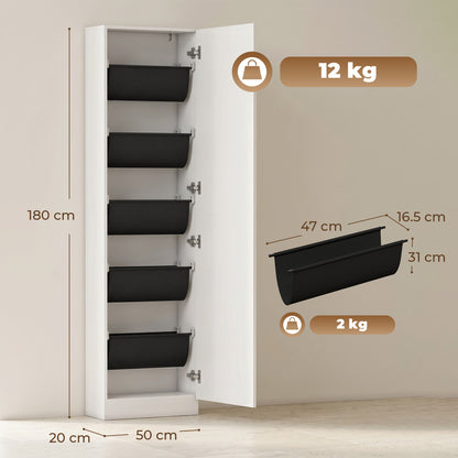 Slim Space-Saving Shoe Cabinet with Full-Length Mirror, 5 Fabric Shelves, Reversible Doors, Soft-Close, Holds 12 Pairs, 19.7 x 7.9 x 70.9 in, White