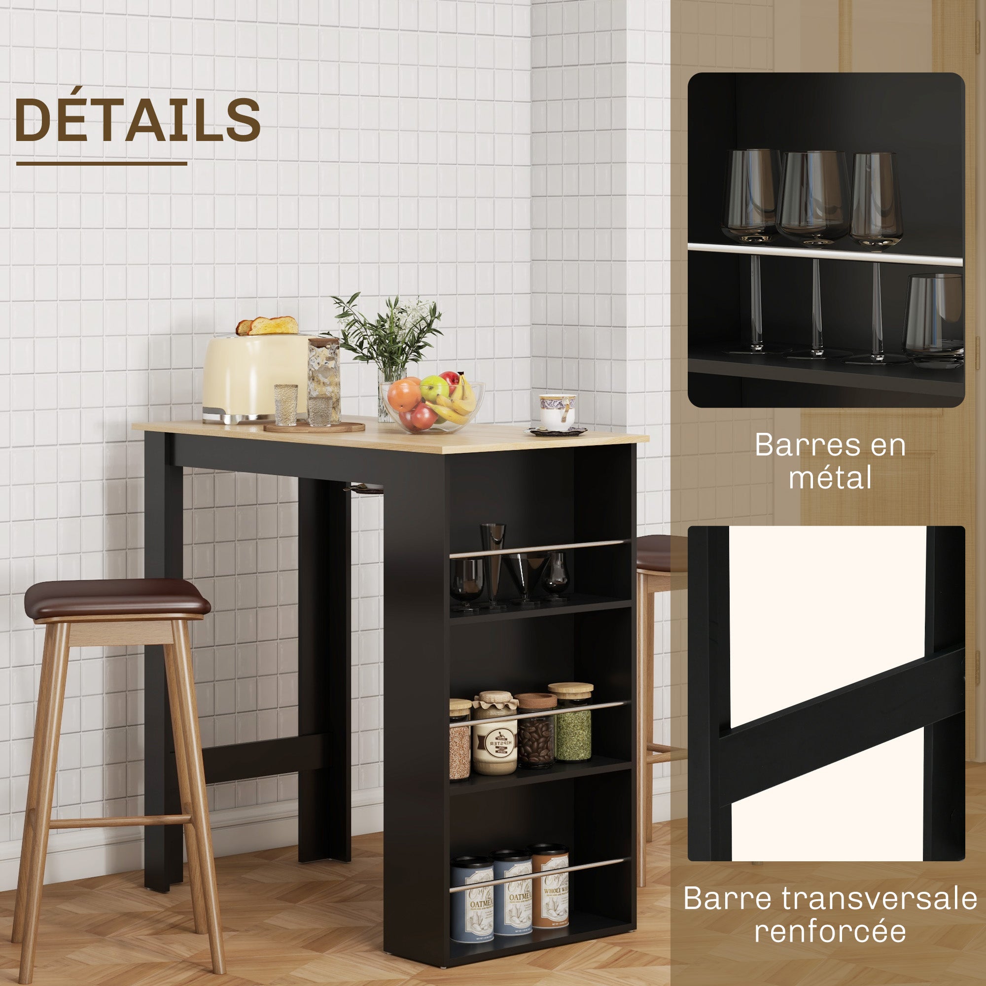 High Bar Table Kitchen Counter - dim. 112L x 57W x 106H cm - 3 shelves - black