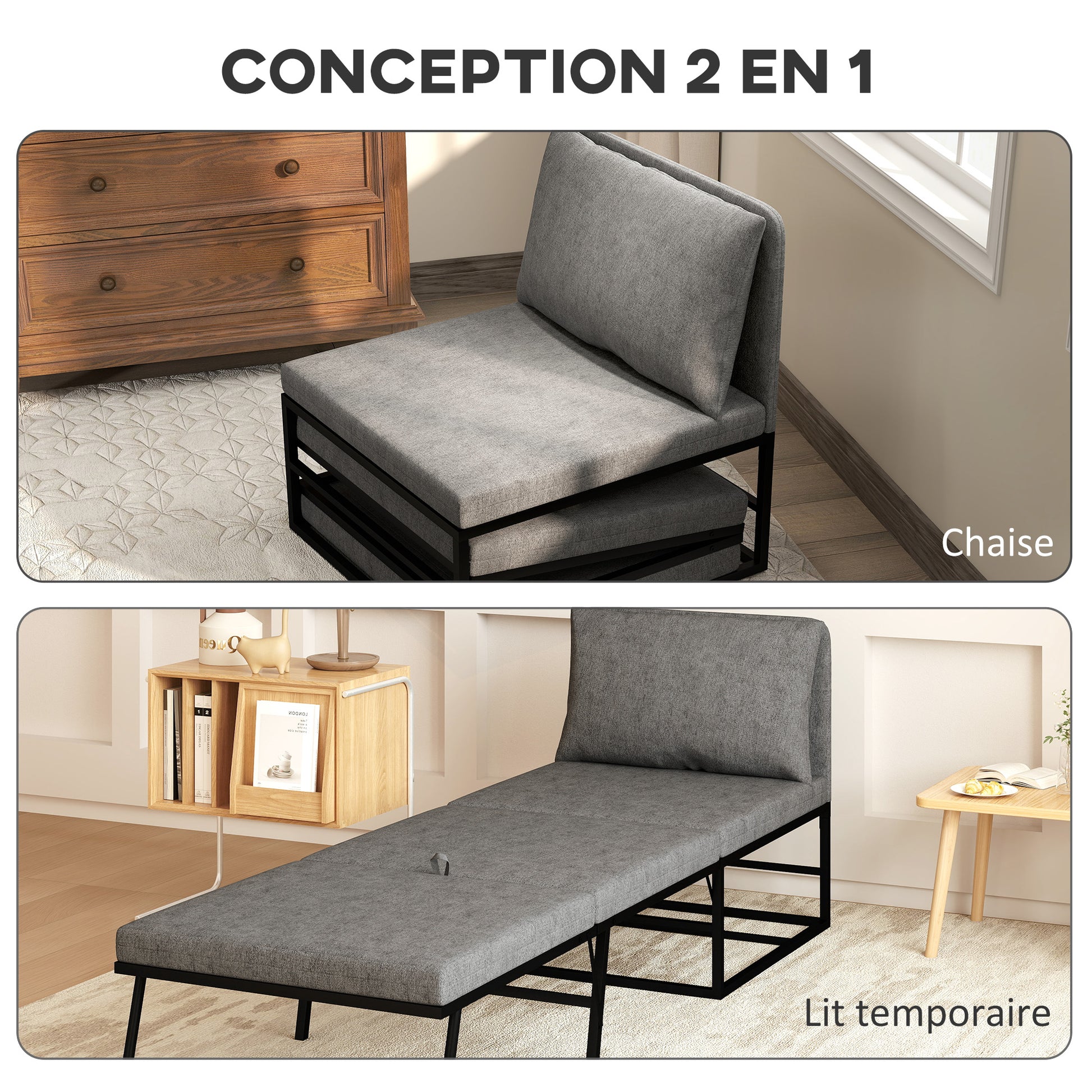 1-Seater Convertible Chair 2-in-1 Folding Bed Chair with Cushion and Dust Cover, Metal Frame, Single Sofa Bed for Guests, Living Room, Office, Grey