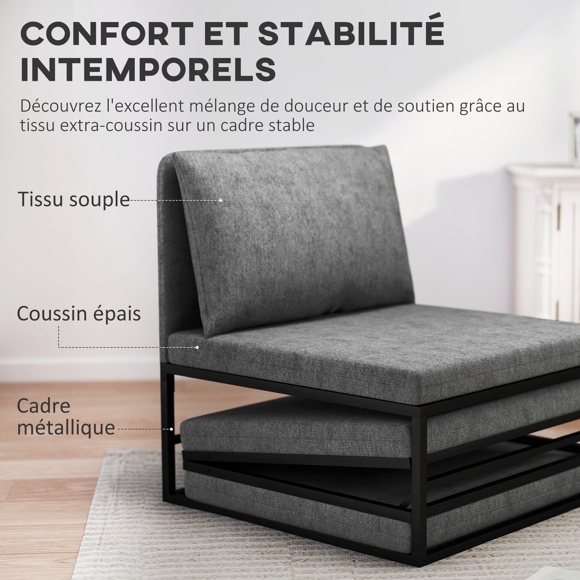 1-Seater Convertible Chair 2-in-1 Folding Bed Chair with Cushion and Dust Cover, Metal Frame, Single Sofa Bed for Guests, Living Room, Office, Grey
