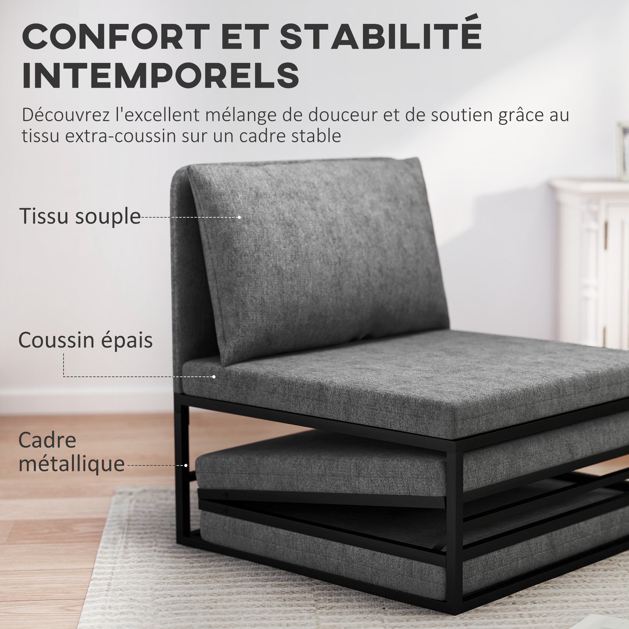 1-Seater Convertible Chair 2-in-1 Folding Bed Chair with Cushion and Dust Cover, Metal Frame, Single Sofa Bed for Guests, Living Room, Office, Grey
