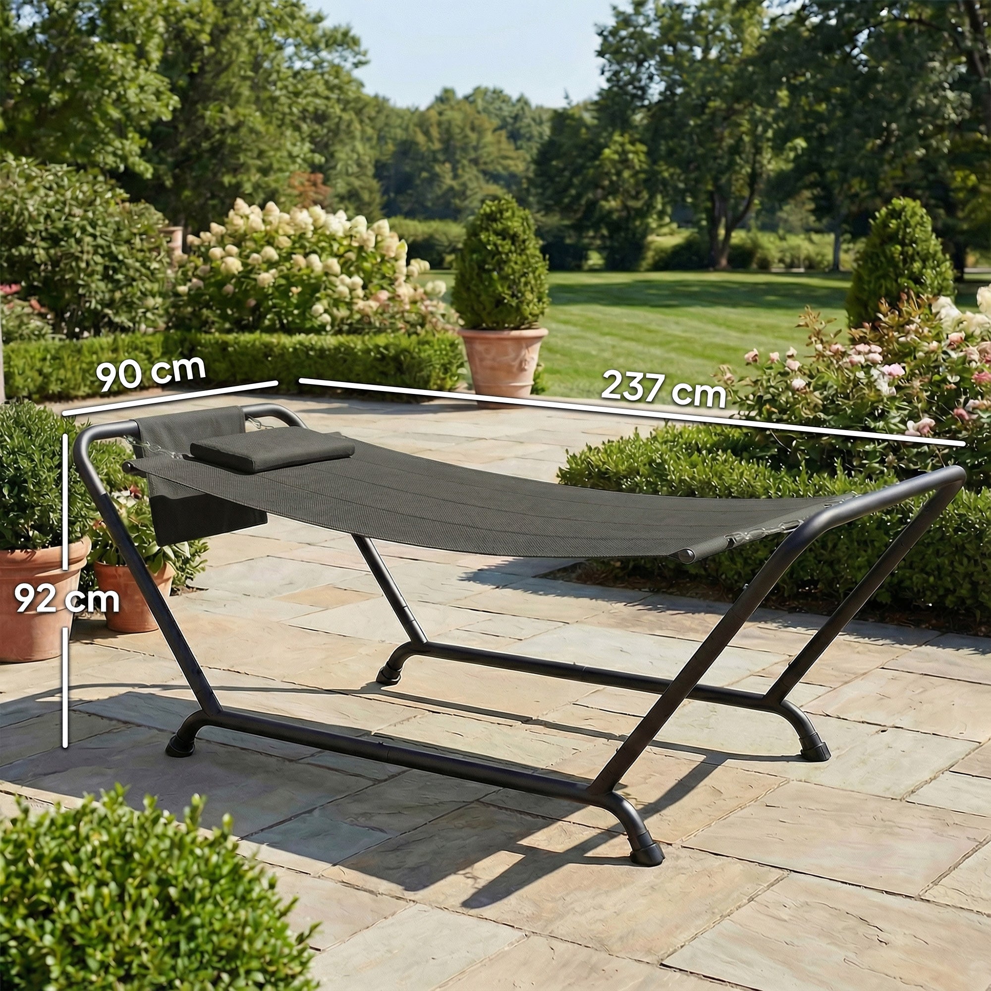 Freestanding Hammock with Stand 93 x 35 in — Spreader-Bar Hammock with Padded Headrest & Side Pocket, Powder-Coated Steel Frame, Holds up to 330 lb — Dark Gray