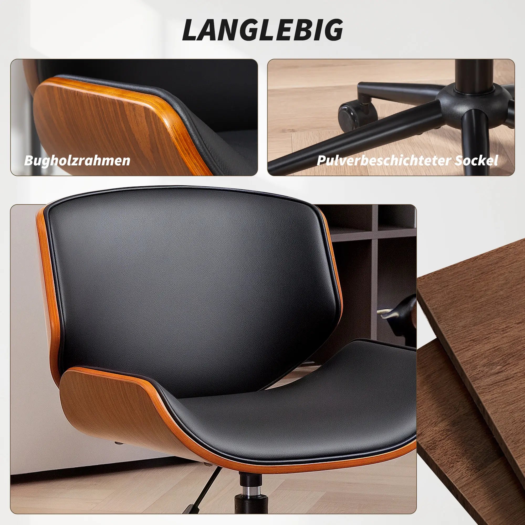 Mid-Century Office Chair, Armless Swivel Desk Chair with PU Leather Seat, Height Adjustable Computer Chair with Bent Wood Back, 360° Wheels, Black and Walnut
