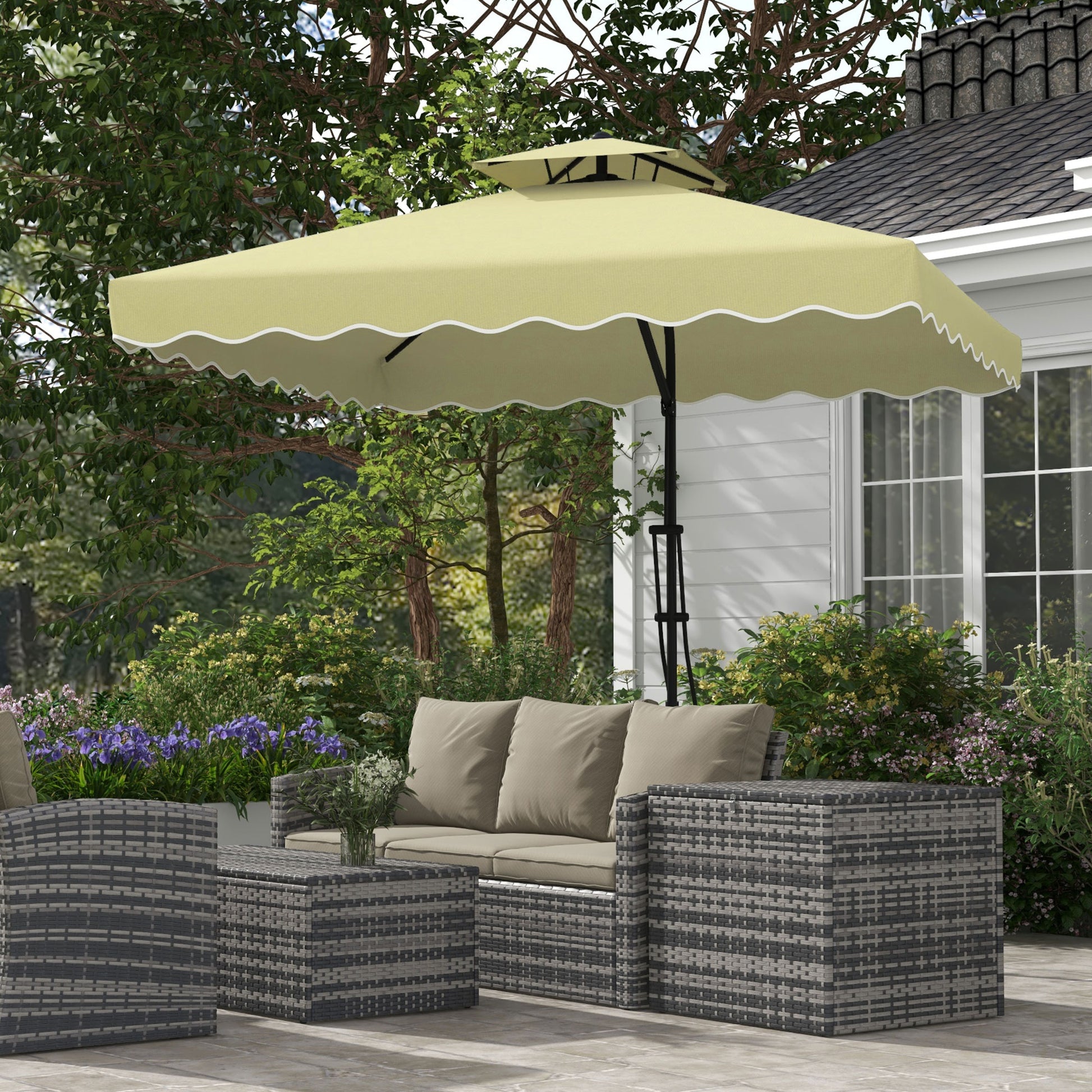 Sun Umbrella, 243 x 243 cm Balcony Umbrella with UV Protection, Cantilever Umbrella with Double Roof, Cross Base, Patio Umbrella with Ruffles, 4 Struts, for Garden, Metal, Beige