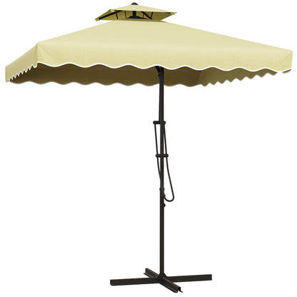 Sun Umbrella, 243 x 243 cm Balcony Umbrella with UV Protection, Cantilever Umbrella with Double Roof, Cross Base, Patio Umbrella with Ruffles, 4 Struts, for Garden, Metal, Beige