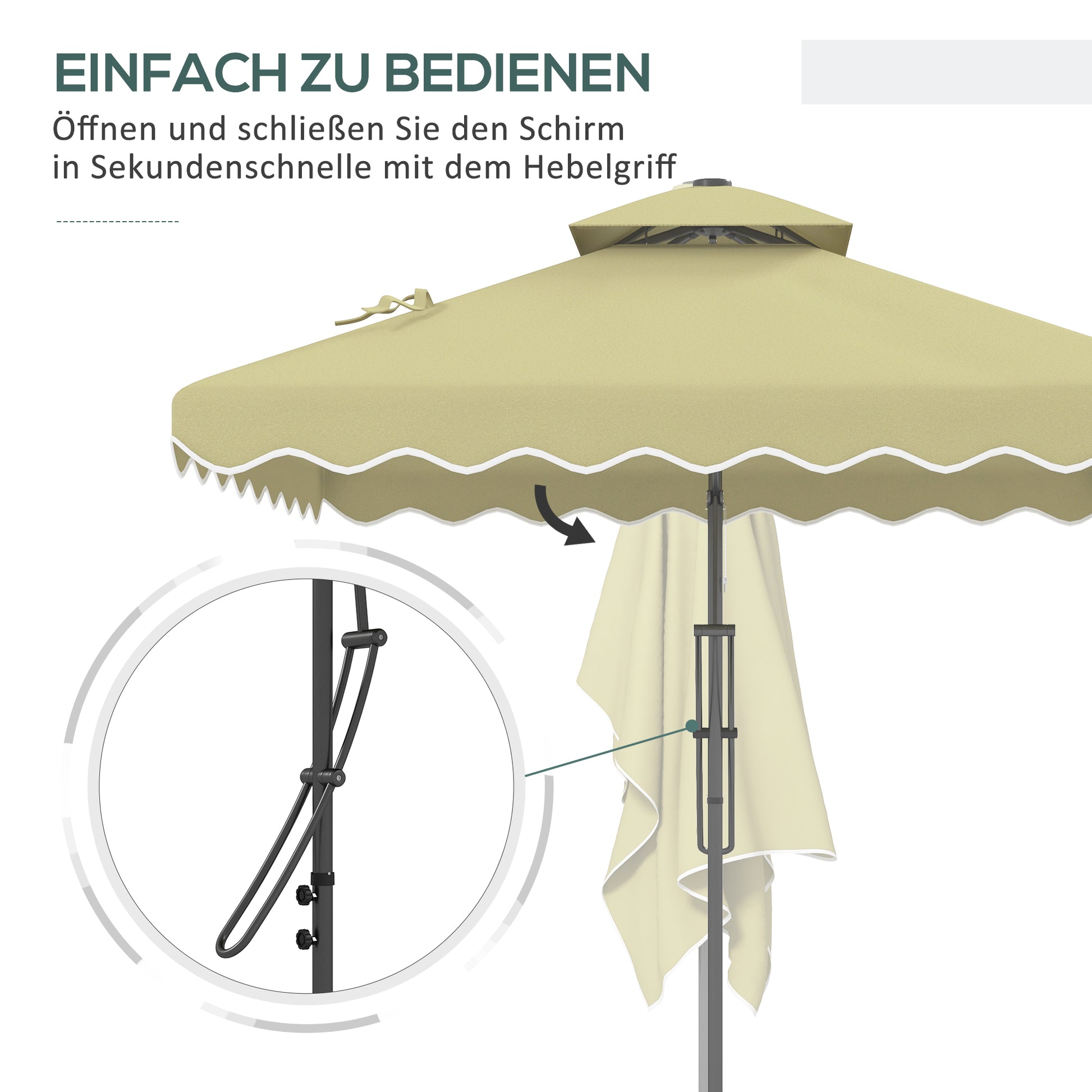 Sun Umbrella, 243 x 243 cm Balcony Umbrella with UV Protection, Cantilever Umbrella with Double Roof, Cross Base, Patio Umbrella with Ruffles, 4 Struts, for Garden, Metal, Beige