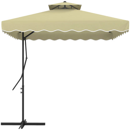 Sun Umbrella, 243 x 243 cm Balcony Umbrella with UV Protection, Cantilever Umbrella with Double Roof, Cross Base, Patio Umbrella with Ruffles, 4 Struts, for Garden, Metal, Beige