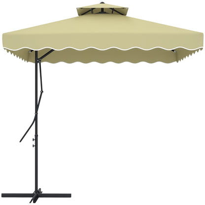 Sun Umbrella, 243 x 243 cm Balcony Umbrella with UV Protection, Cantilever Umbrella with Double Roof, Cross Base, Patio Umbrella with Ruffles, 4 Struts, for Garden, Metal, Beige