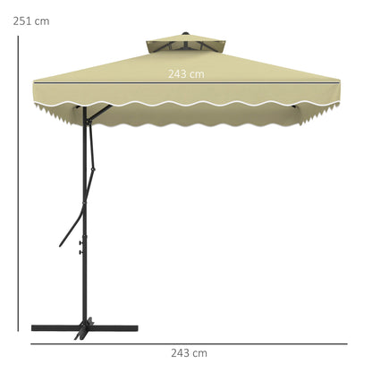 Sun Umbrella, 243 x 243 cm Balcony Umbrella with UV Protection, Cantilever Umbrella with Double Roof, Cross Base, Patio Umbrella with Ruffles, 4 Struts, for Garden, Metal, Beige