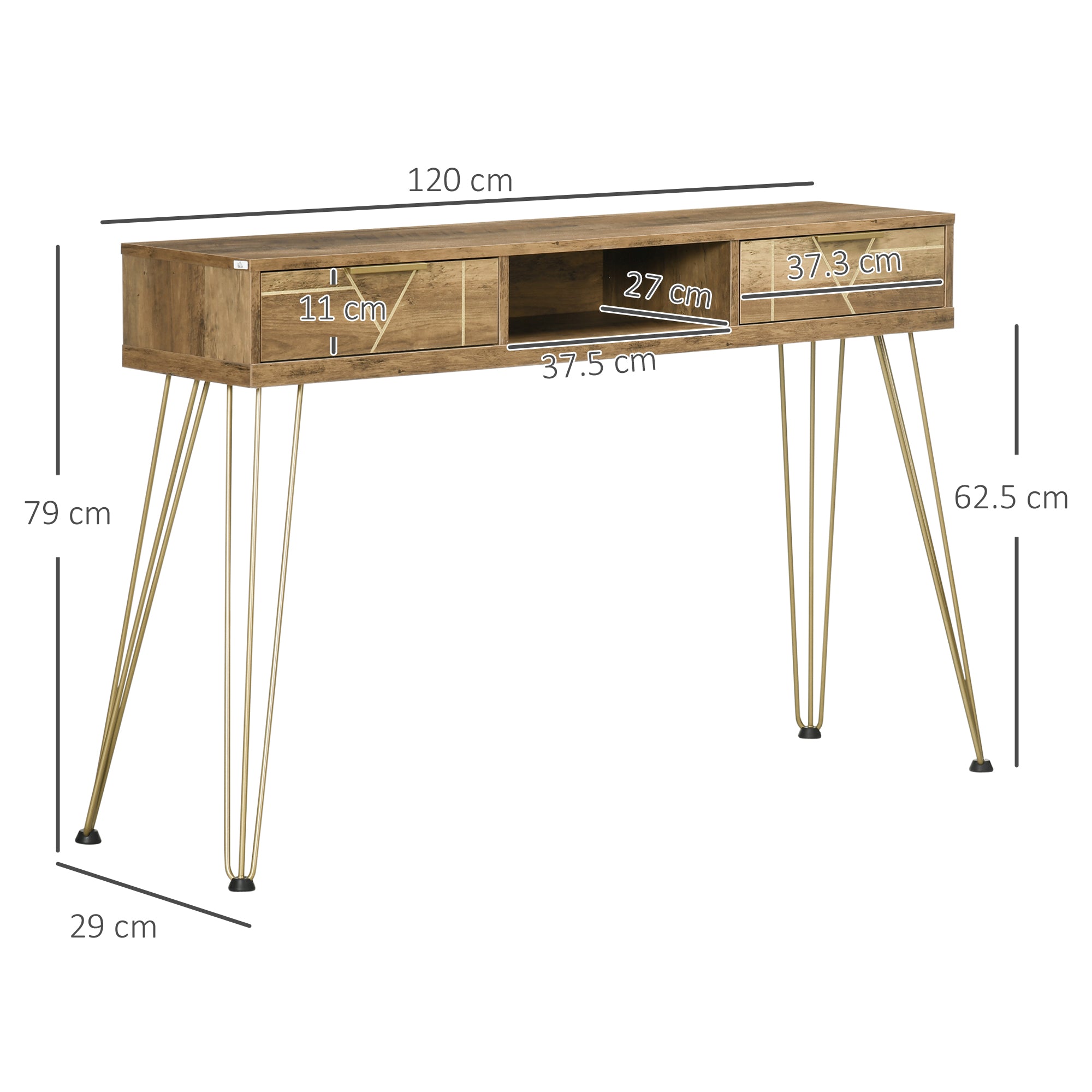 Console Table Entryway Table with 2 Drawers Open Shelf and Steel Legs for Living Room Hallway Modern Style 120x29x79 cm Bronze