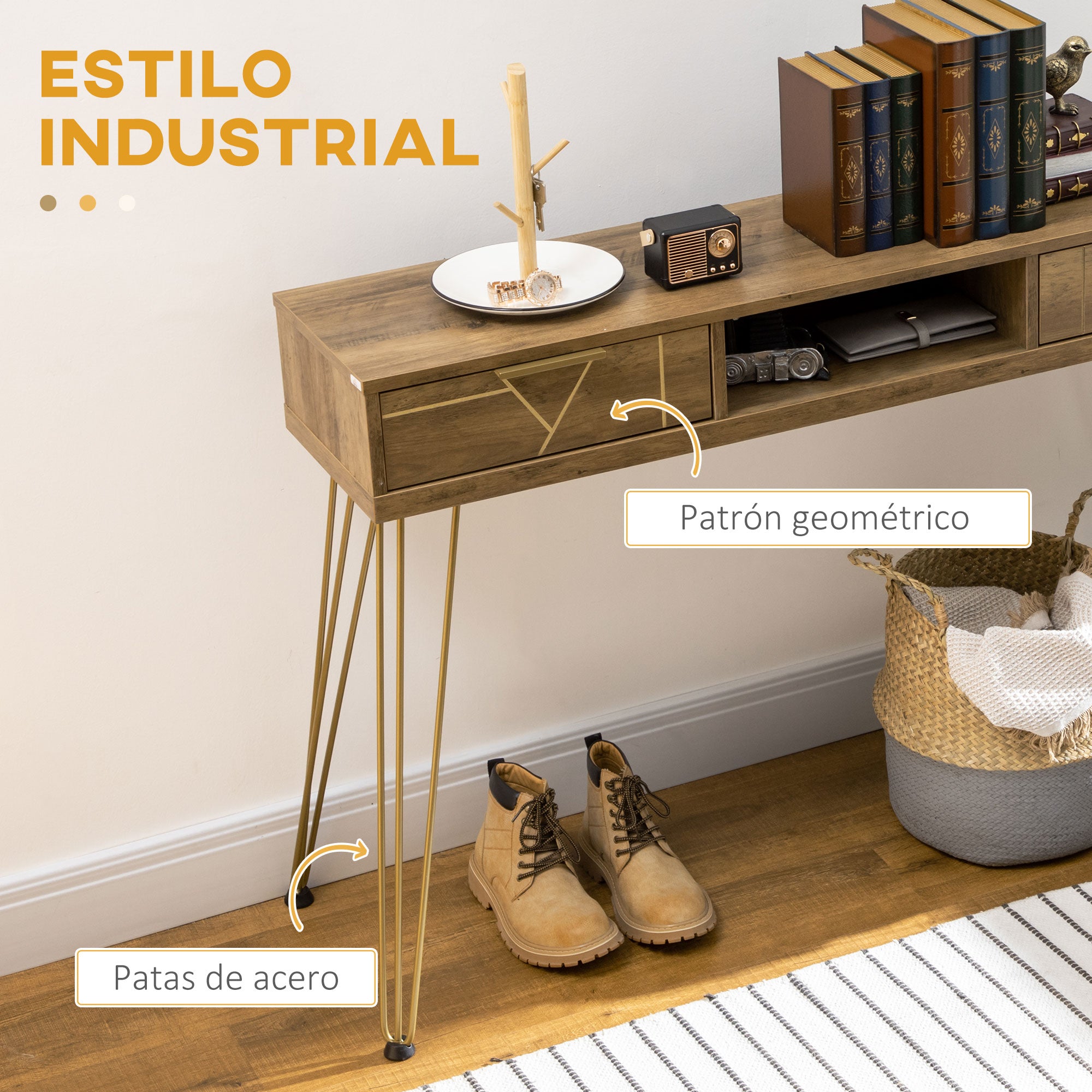 Console Table Entryway Table with 2 Drawers Open Shelf and Steel Legs for Living Room Hallway Modern Style 120x29x79 cm Bronze