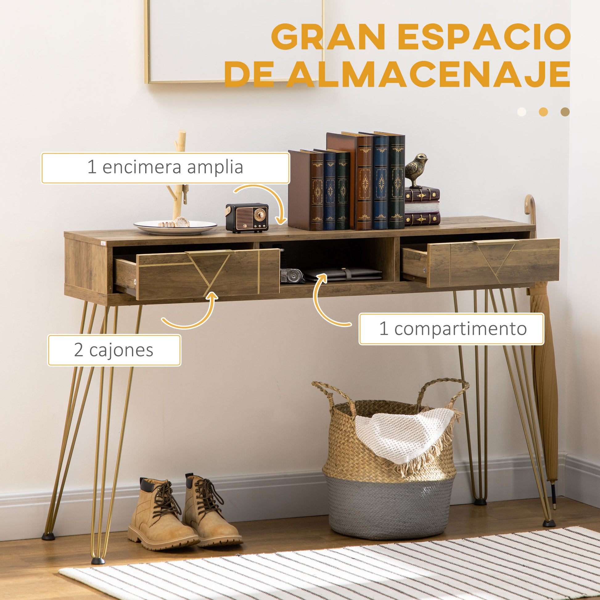 Console Table Entryway Table with 2 Drawers Open Shelf and Steel Legs for Living Room Hallway Modern Style 120x29x79 cm Bronze