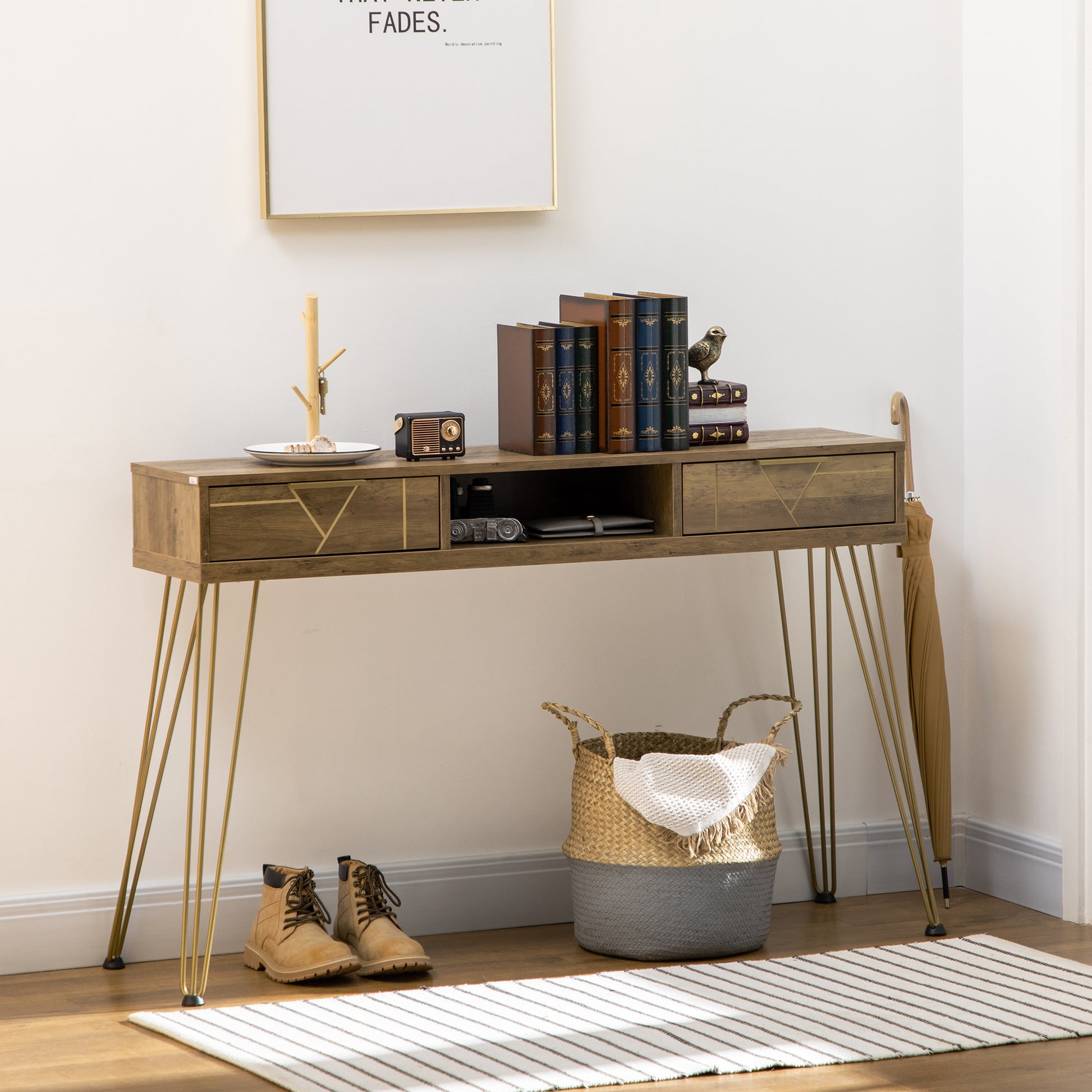 Console Table Entryway Table with 2 Drawers Open Shelf and Steel Legs for Living Room Hallway Modern Style 120x29x79 cm Bronze