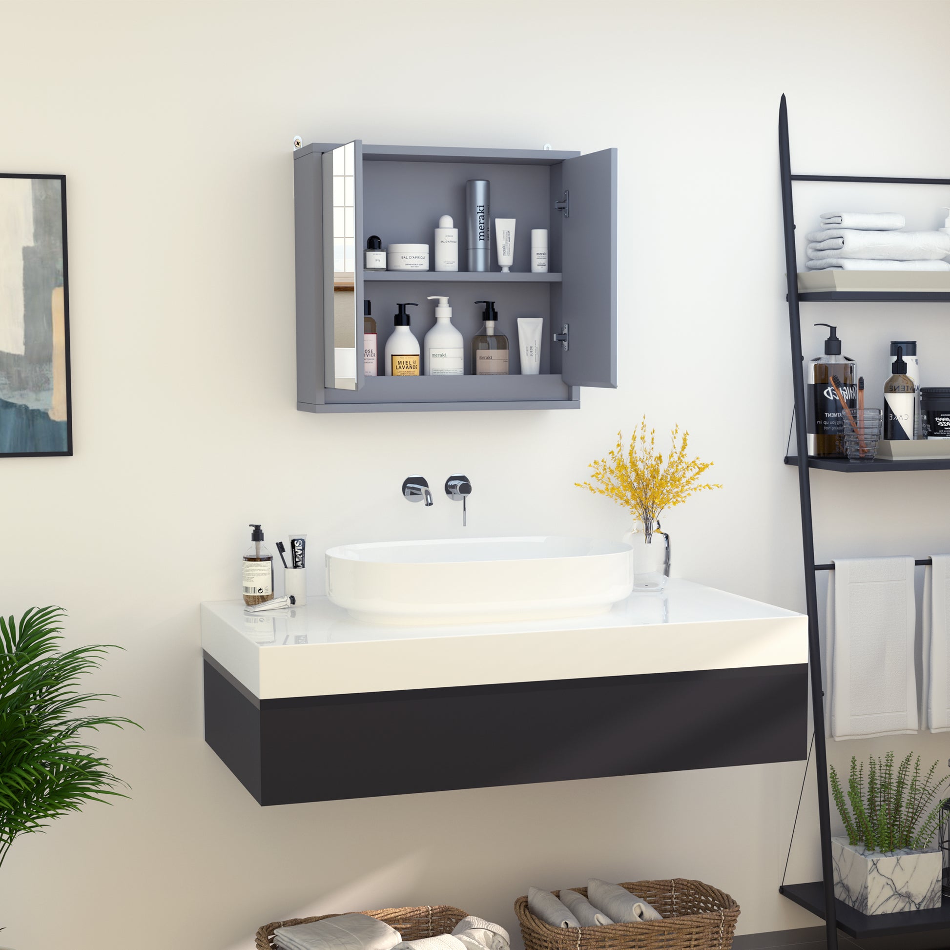 Bathroom Cabinet with Mirror with 2 Doors and Adjustable Shelf Hanging Bathroom Furniture for Modern Style Toilet 48x14.5x45 cm Gray