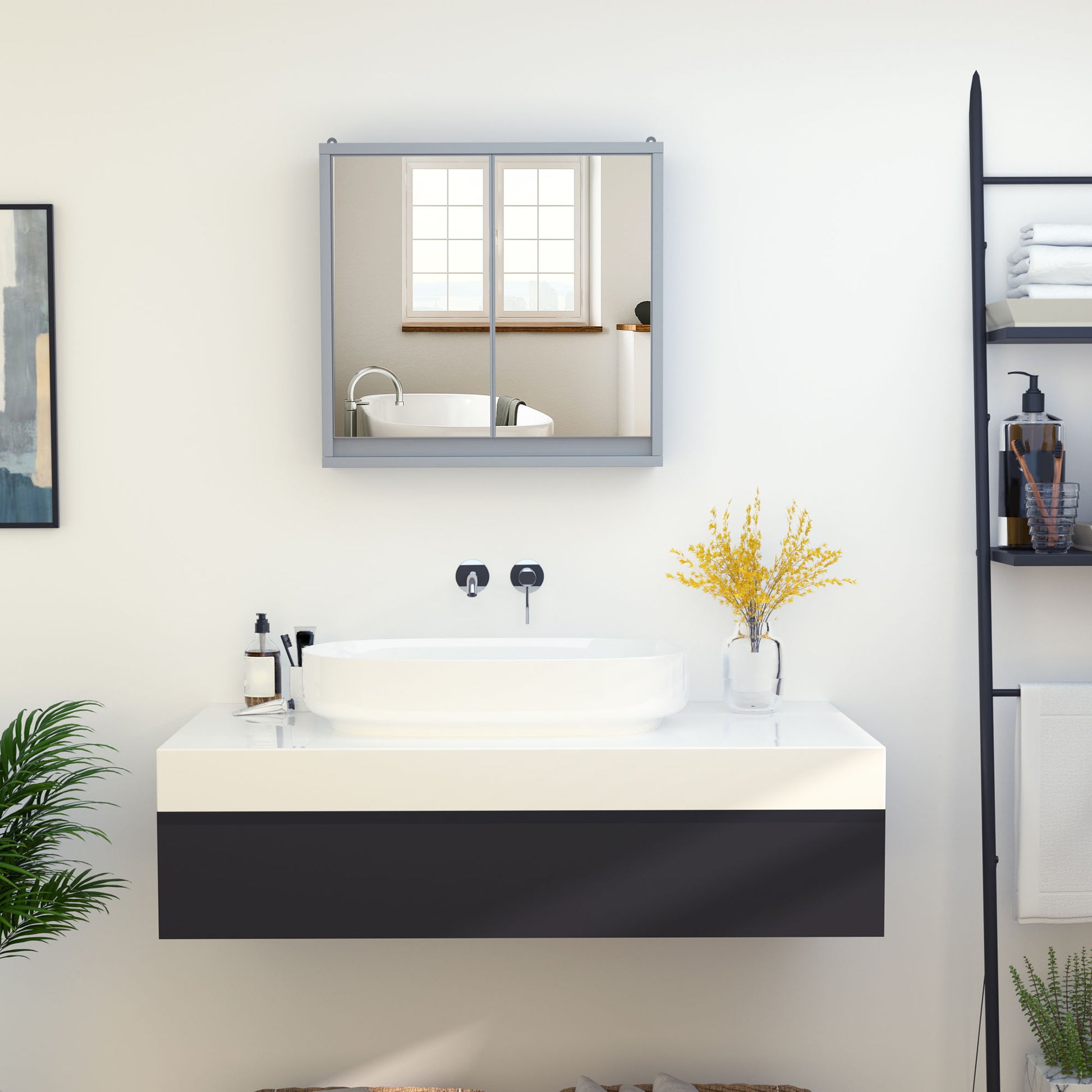 Bathroom Cabinet with Mirror with 2 Doors and Adjustable Shelf Hanging Bathroom Furniture for Modern Style Toilet 48x14.5x45 cm Gray