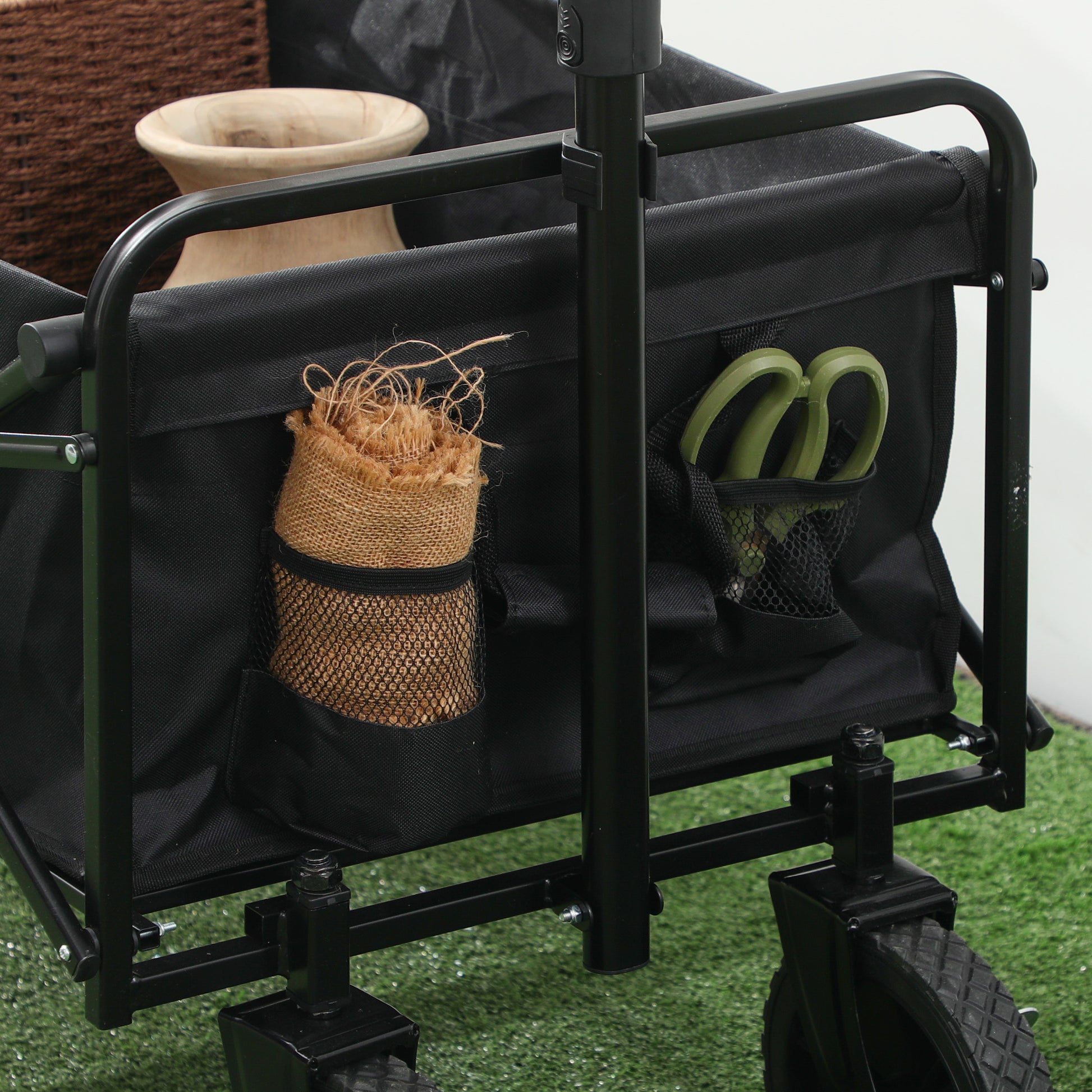 Folding Beach Cart, 4-Wheel Transport Cart Removable Cover Telescopic Handle Adjustable Tilt Folding Tray 117L x 51W x 100H cm black
