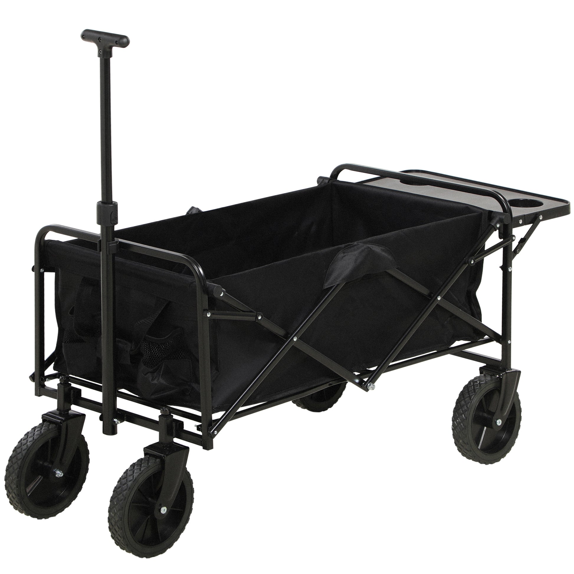Folding Beach Cart, 4-Wheel Transport Cart Removable Cover Telescopic Handle Adjustable Tilt Folding Tray 117L x 51W x 100H cm black