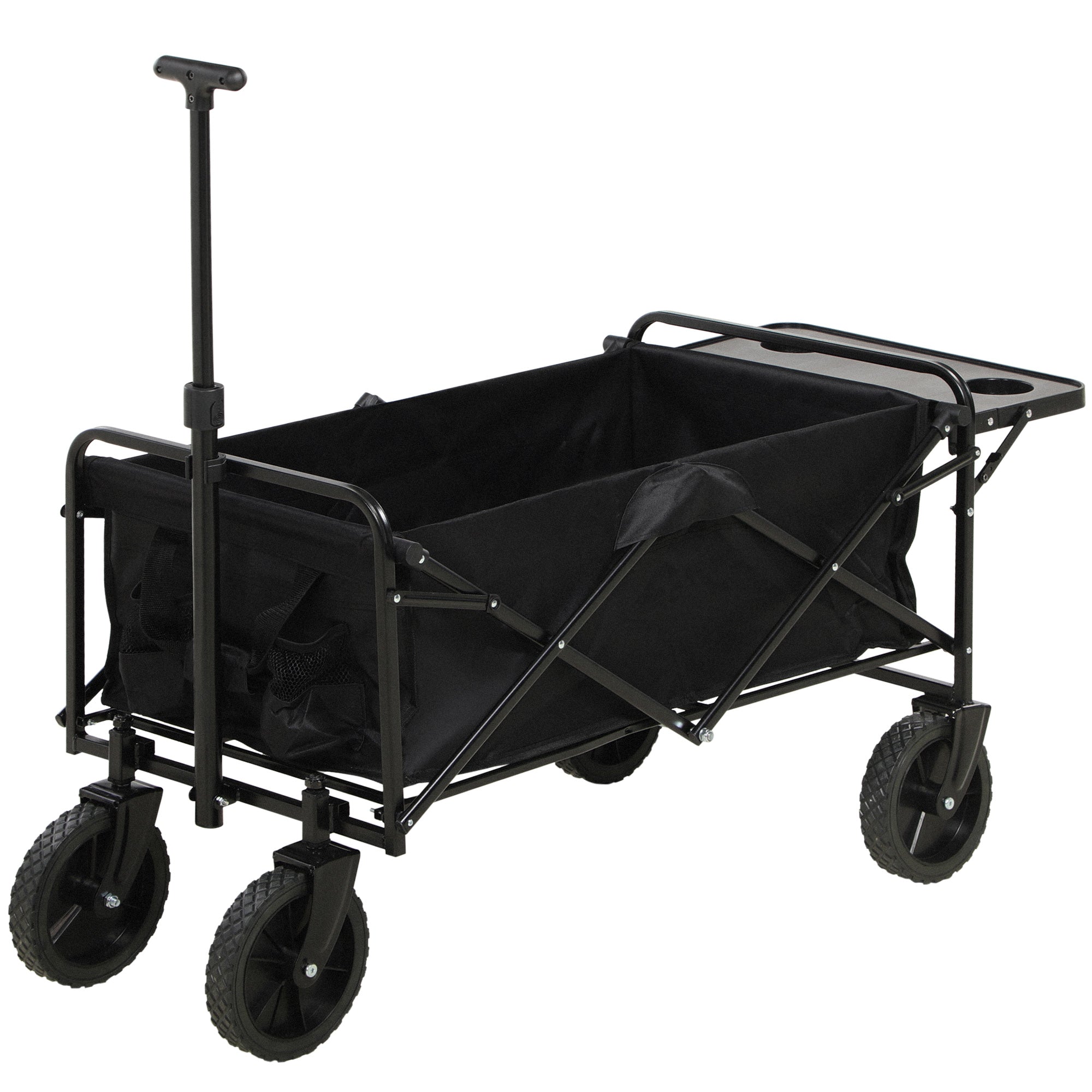 Folding Beach Cart, 4-Wheel Transport Cart Removable Cover Telescopic Handle Adjustable Tilt Folding Tray 117L x 51W x 100H cm black