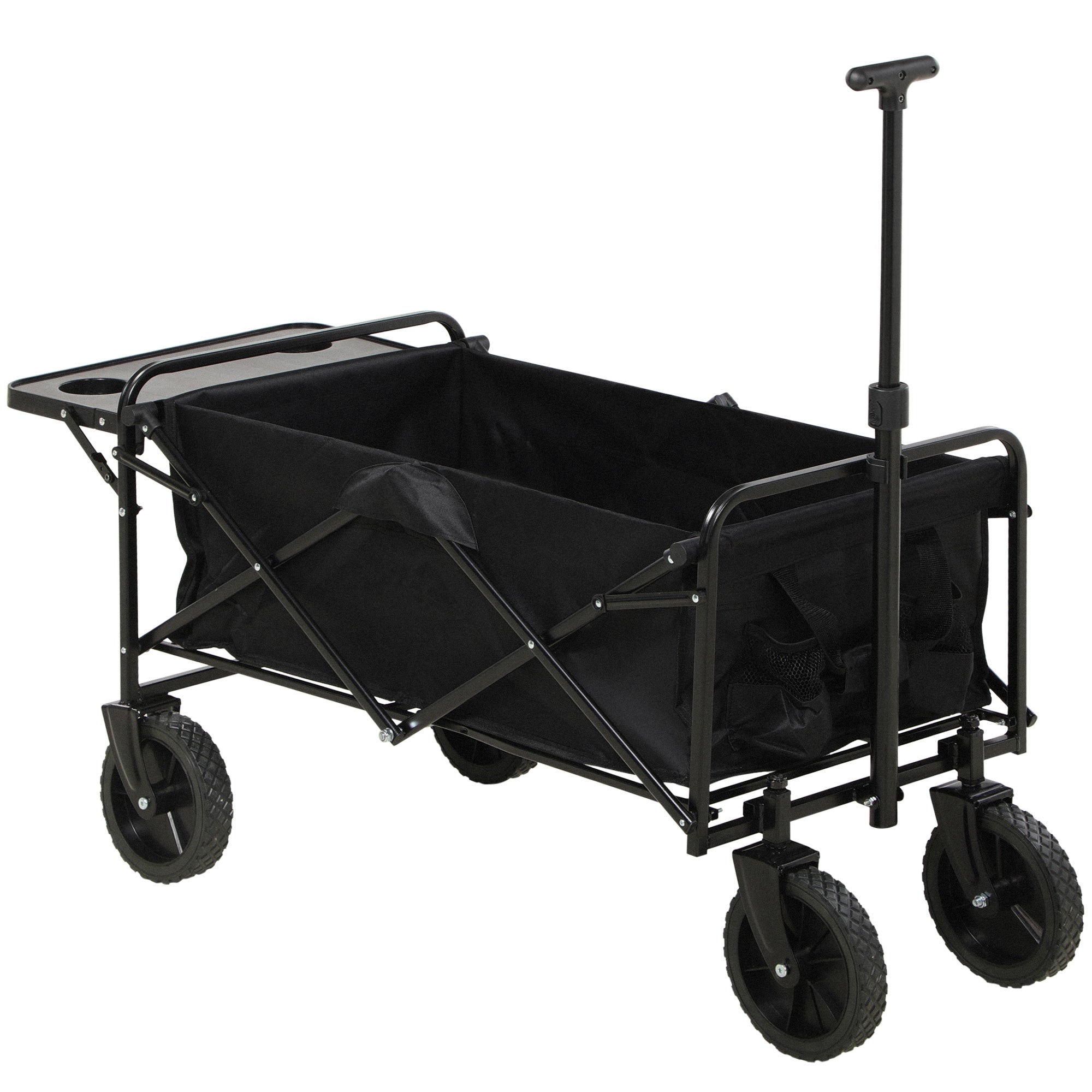 Folding Beach Cart, 4-Wheel Transport Cart Removable Cover Telescopic Handle Adjustable Tilt Folding Tray 117L x 51W x 100H cm black