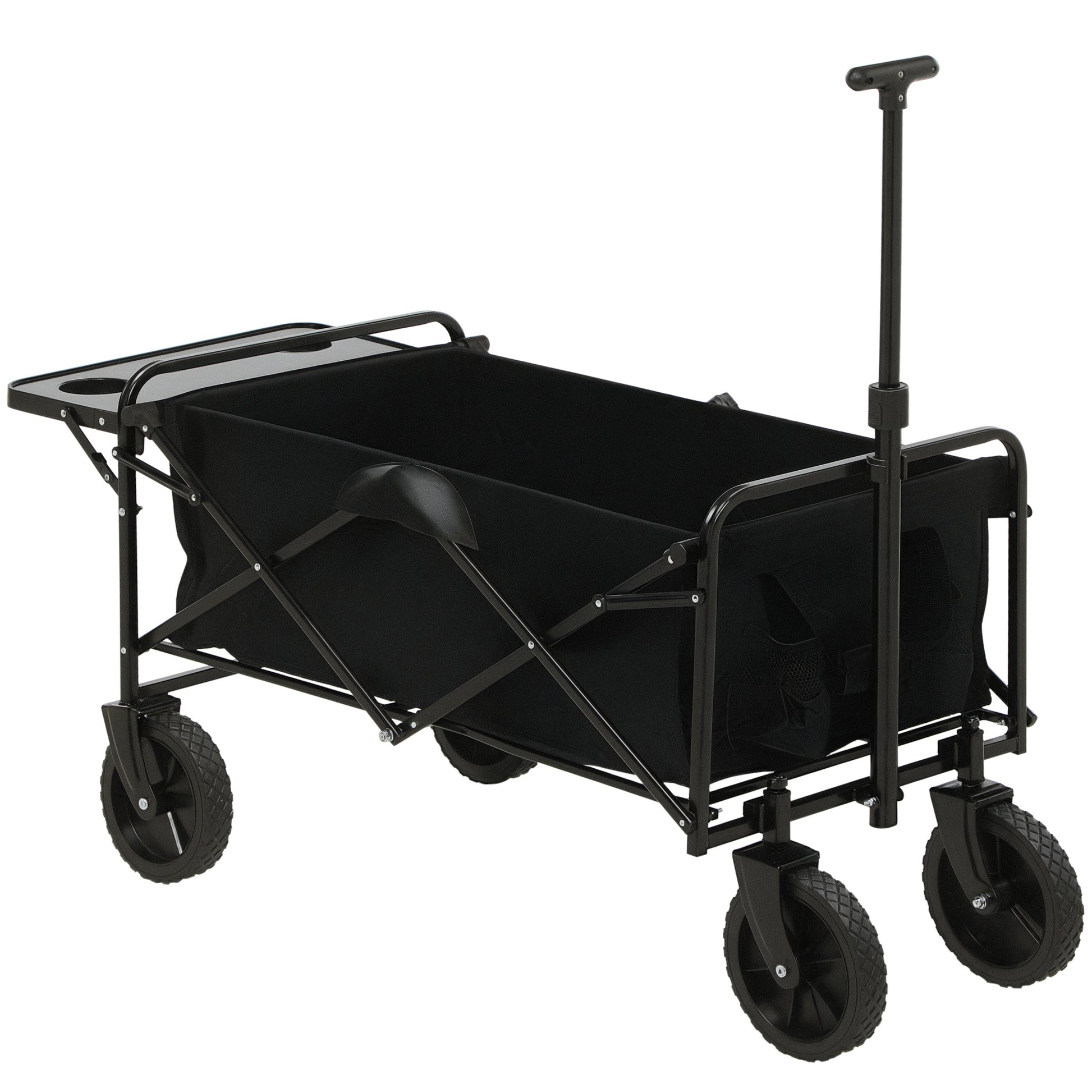 Folding Beach Cart, 4-Wheel Transport Cart Removable Cover Telescopic Handle Adjustable Tilt Folding Tray 117L x 51W x 100H cm black