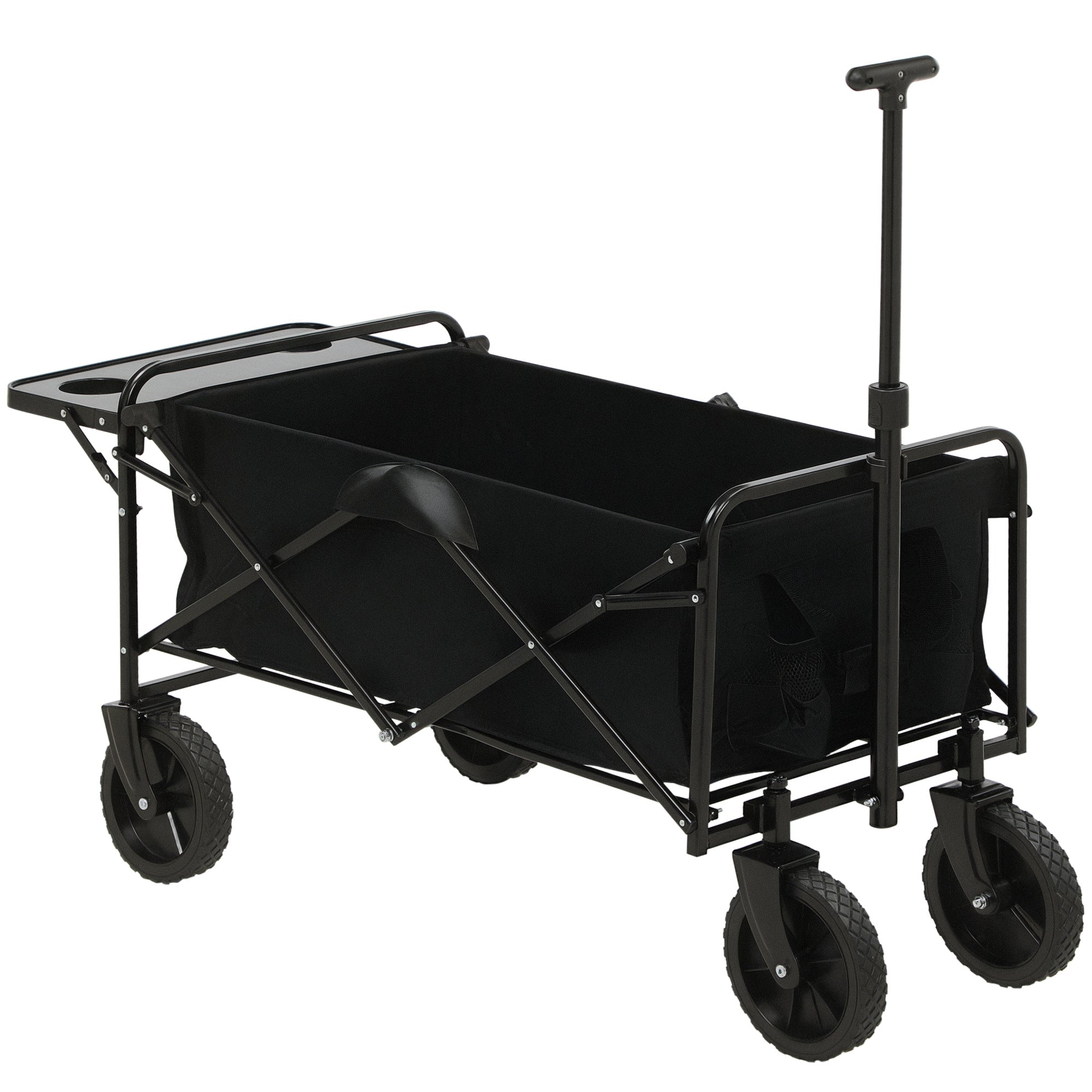 Folding Beach Cart, 4-Wheel Transport Cart Removable Cover Telescopic Handle Adjustable Tilt Folding Tray 117L x 51W x 100H cm black