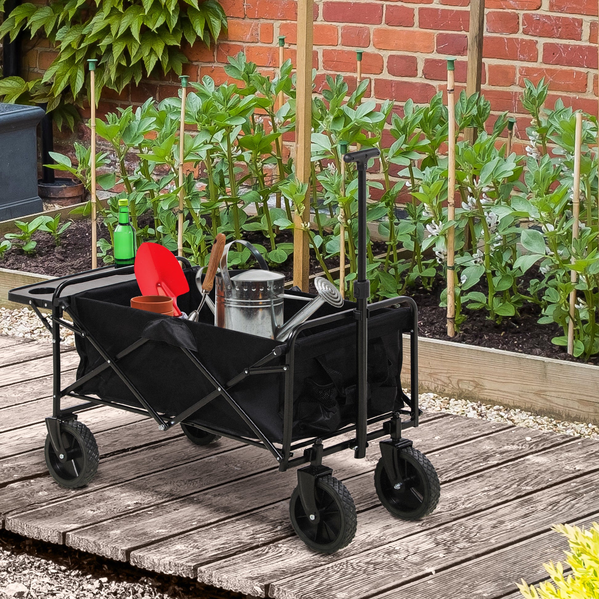 Folding Beach Cart, 4-Wheel Transport Cart Removable Cover Telescopic Handle Adjustable Tilt Folding Tray 117L x 51W x 100H cm black