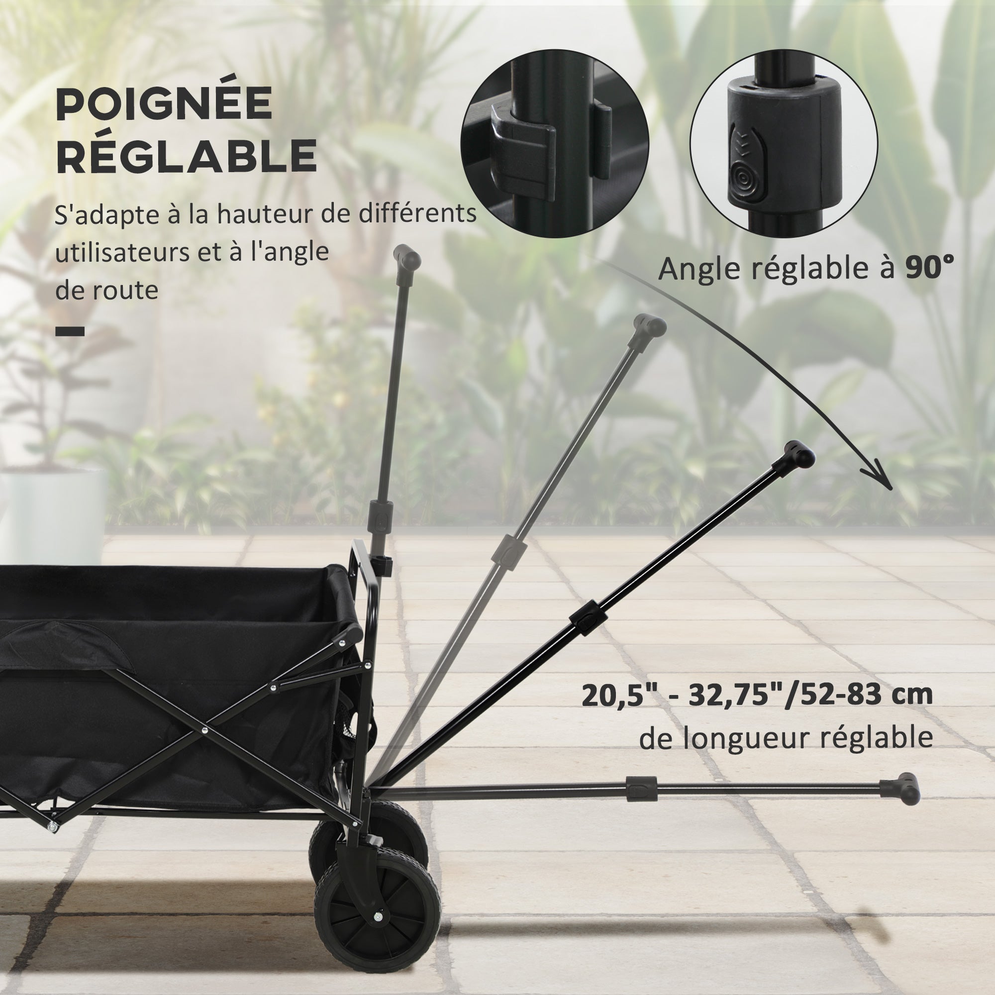 Folding Beach Cart, 4-Wheel Transport Cart Removable Cover Telescopic Handle Adjustable Tilt Folding Tray 117L x 51W x 100H cm black