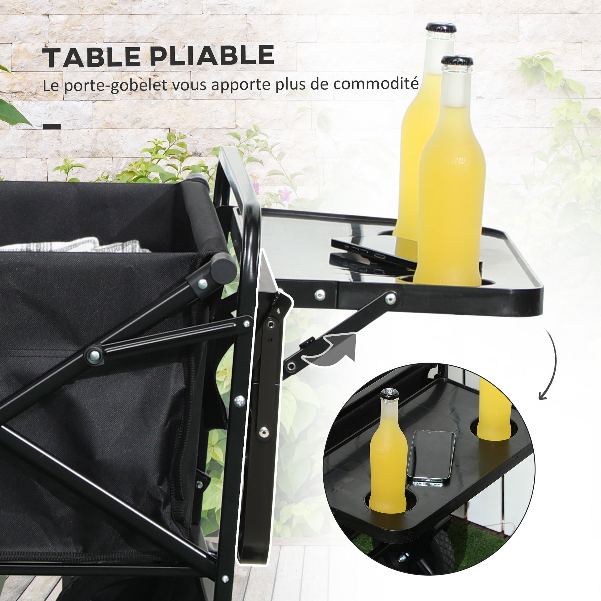 Folding Beach Cart, 4-Wheel Transport Cart Removable Cover Telescopic Handle Adjustable Tilt Folding Tray 117L x 51W x 100H cm black