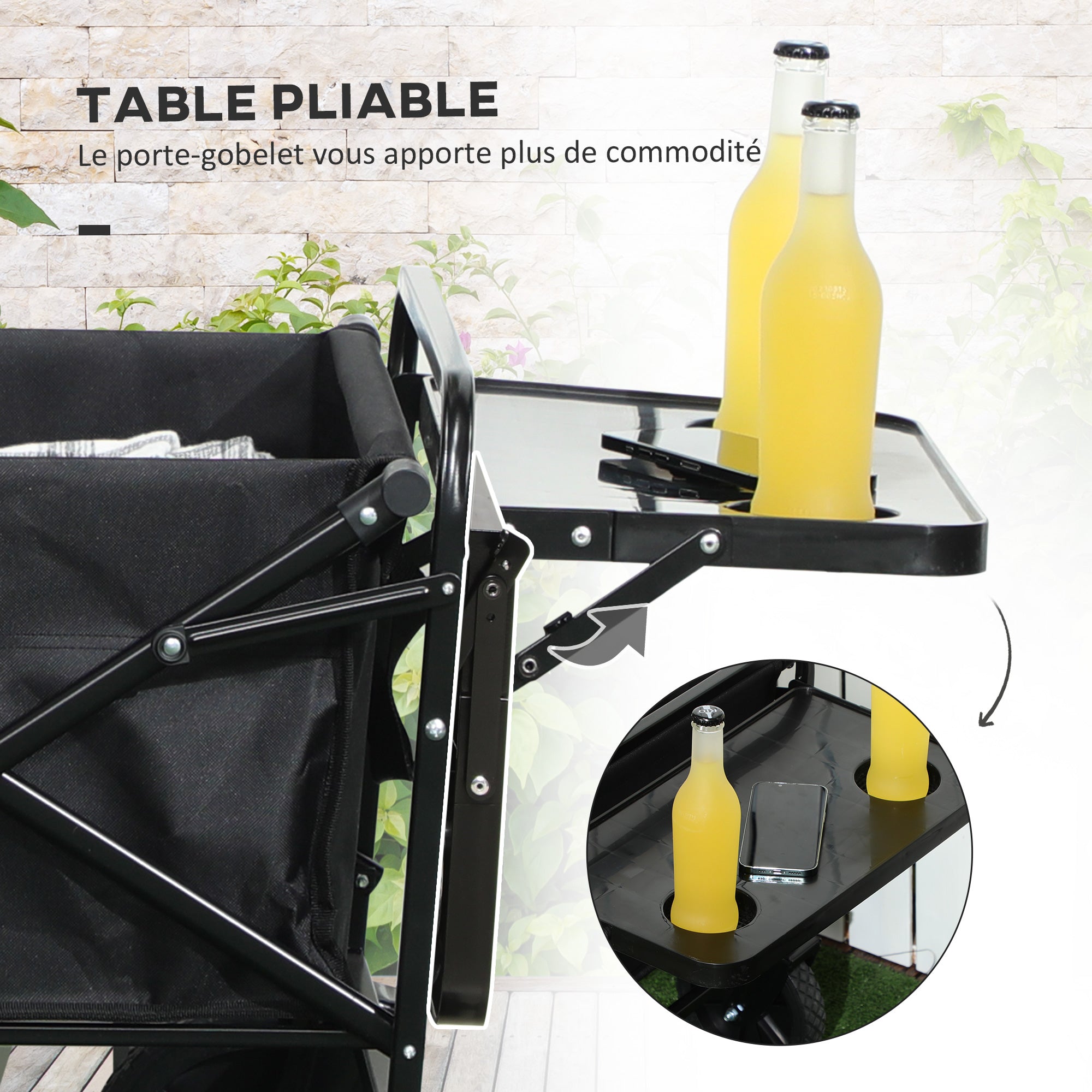 Folding Beach Cart, 4-Wheel Transport Cart Removable Cover Telescopic Handle Adjustable Tilt Folding Tray 117L x 51W x 100H cm black