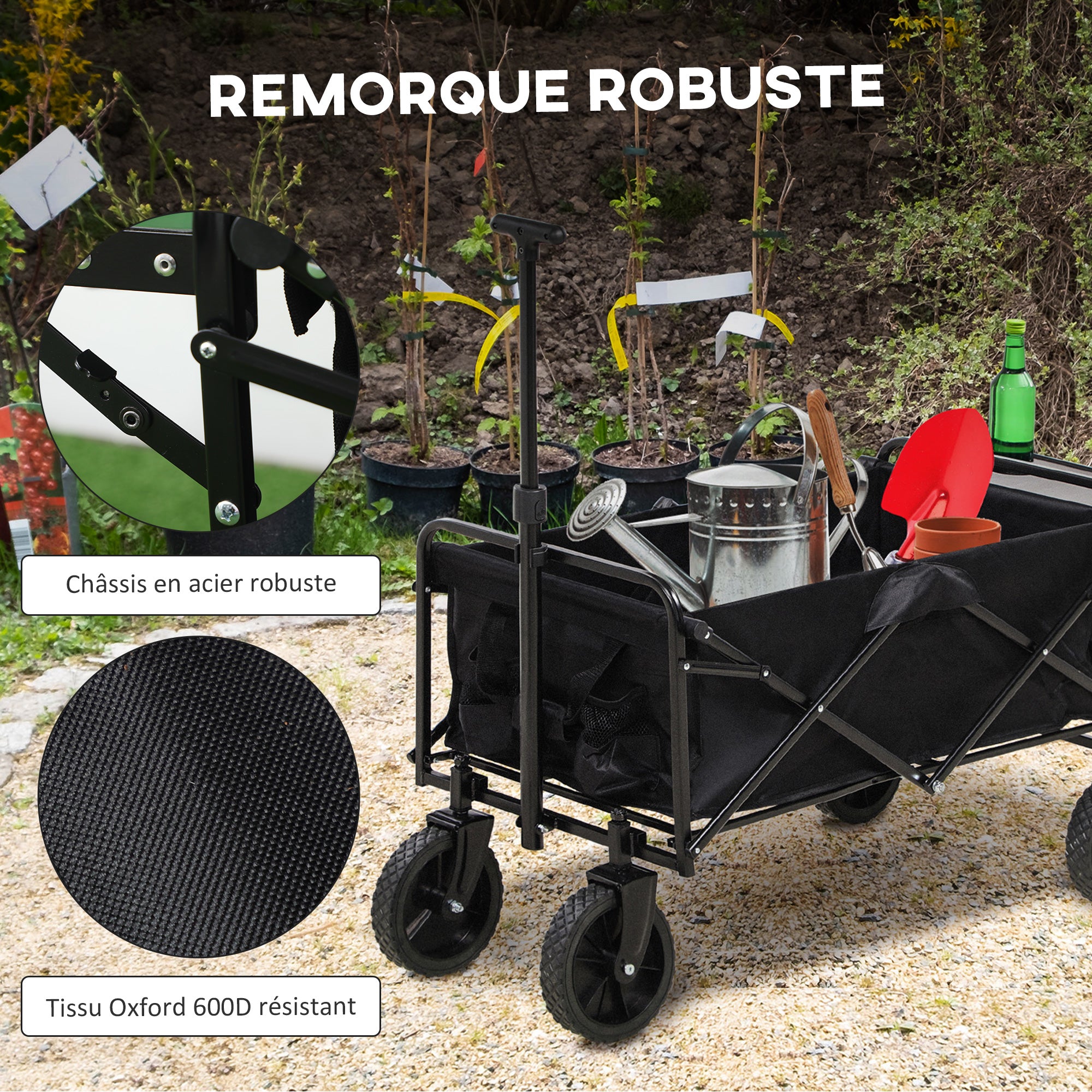 Folding Beach Cart, 4-Wheel Transport Cart Removable Cover Telescopic Handle Adjustable Tilt Folding Tray 117L x 51W x 100H cm black