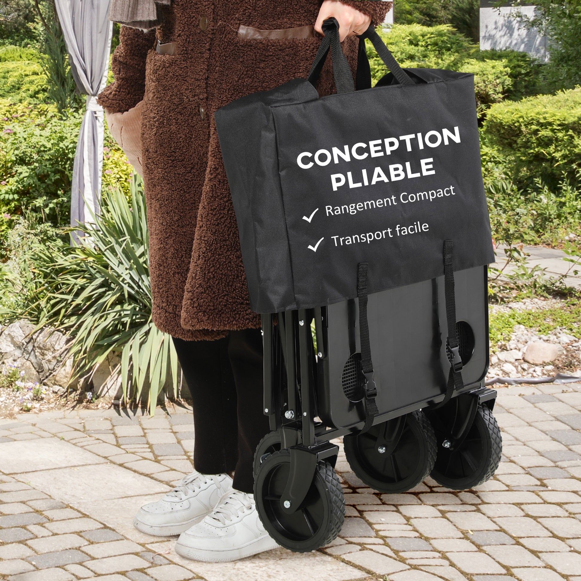 Folding Beach Cart, 4-Wheel Transport Cart Removable Cover Telescopic Handle Adjustable Tilt Folding Tray 117L x 51W x 100H cm black