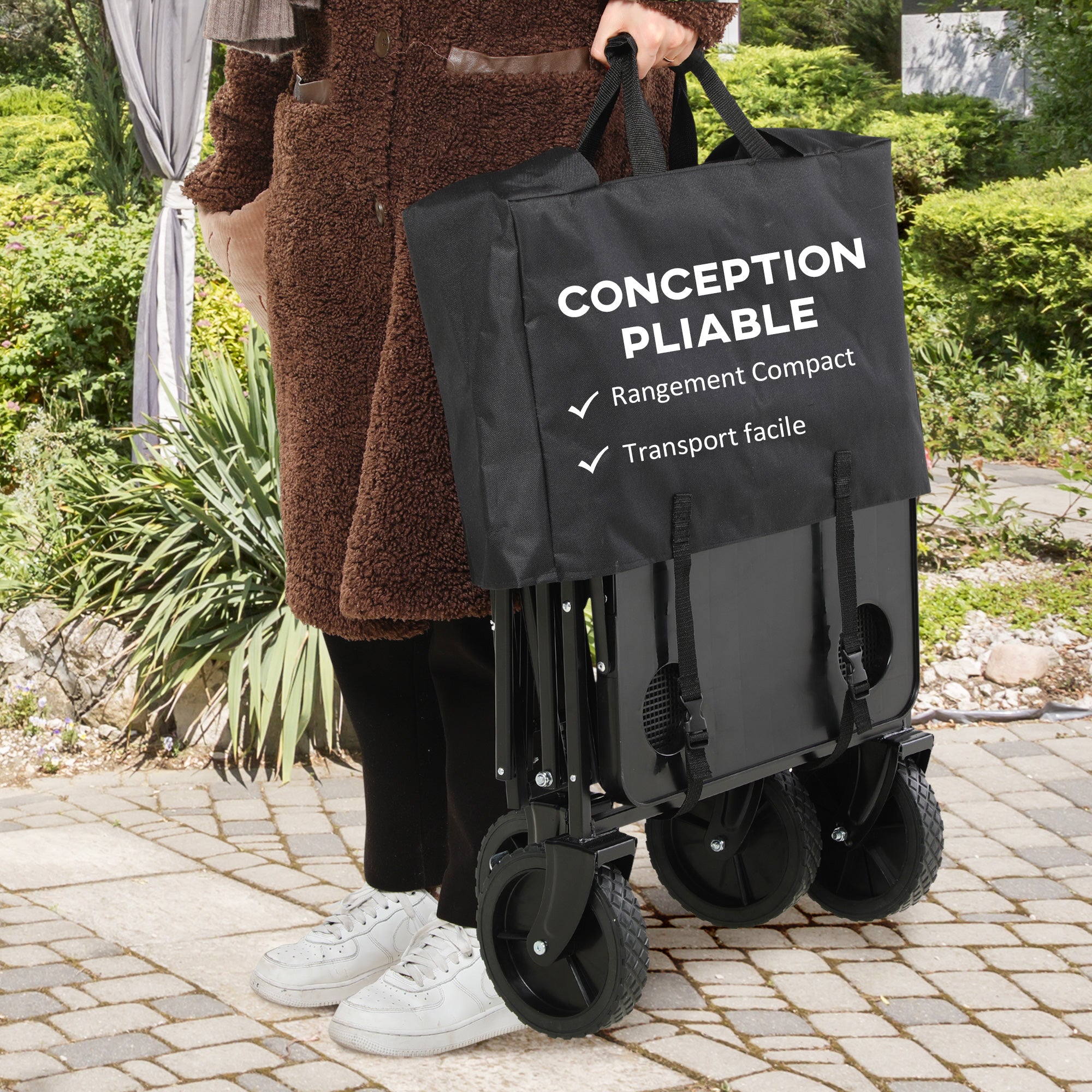 Folding Beach Cart, 4-Wheel Transport Cart Removable Cover Telescopic Handle Adjustable Tilt Folding Tray 117L x 51W x 100H cm black