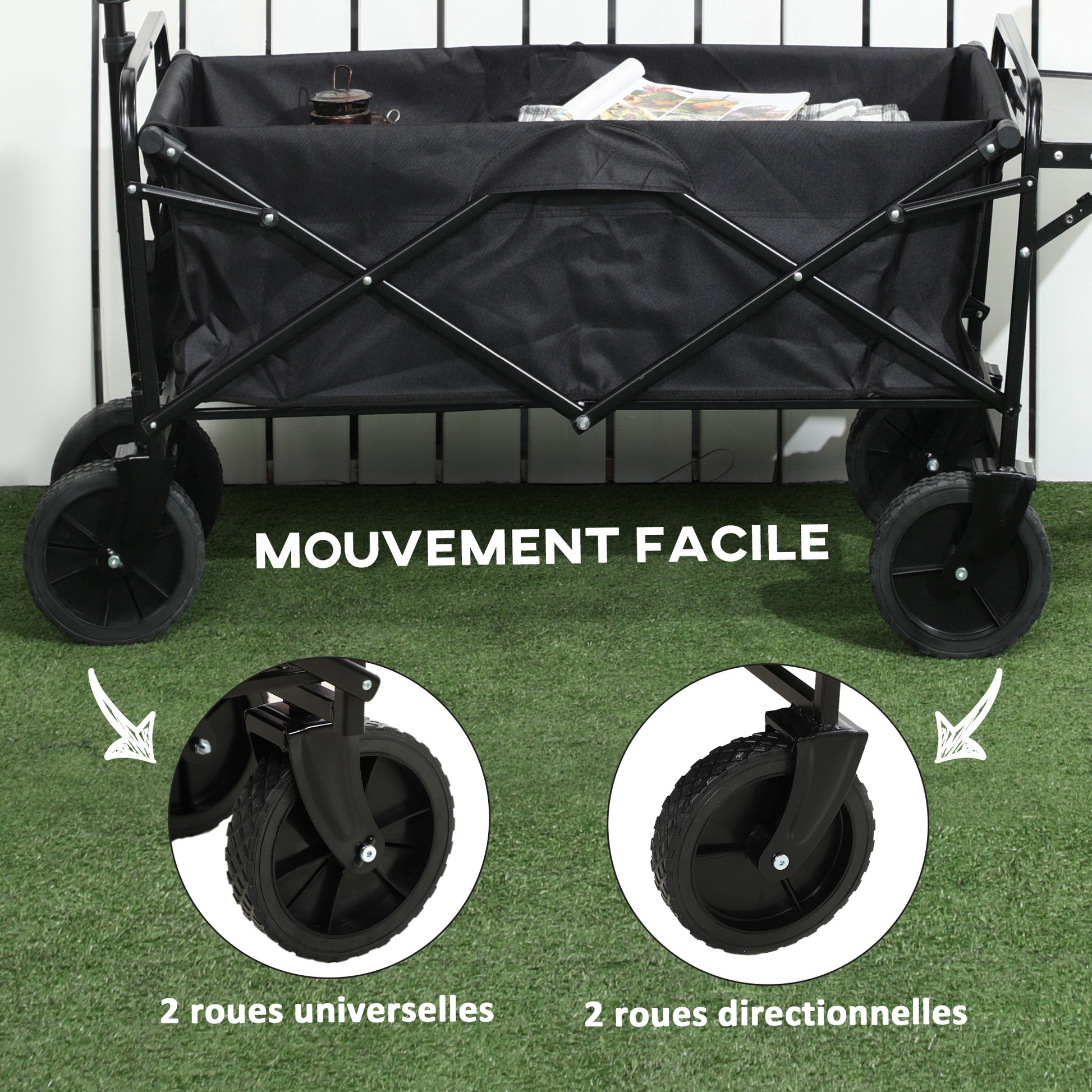 Folding Beach Cart, 4-Wheel Transport Cart Removable Cover Telescopic Handle Adjustable Tilt Folding Tray 117L x 51W x 100H cm black
