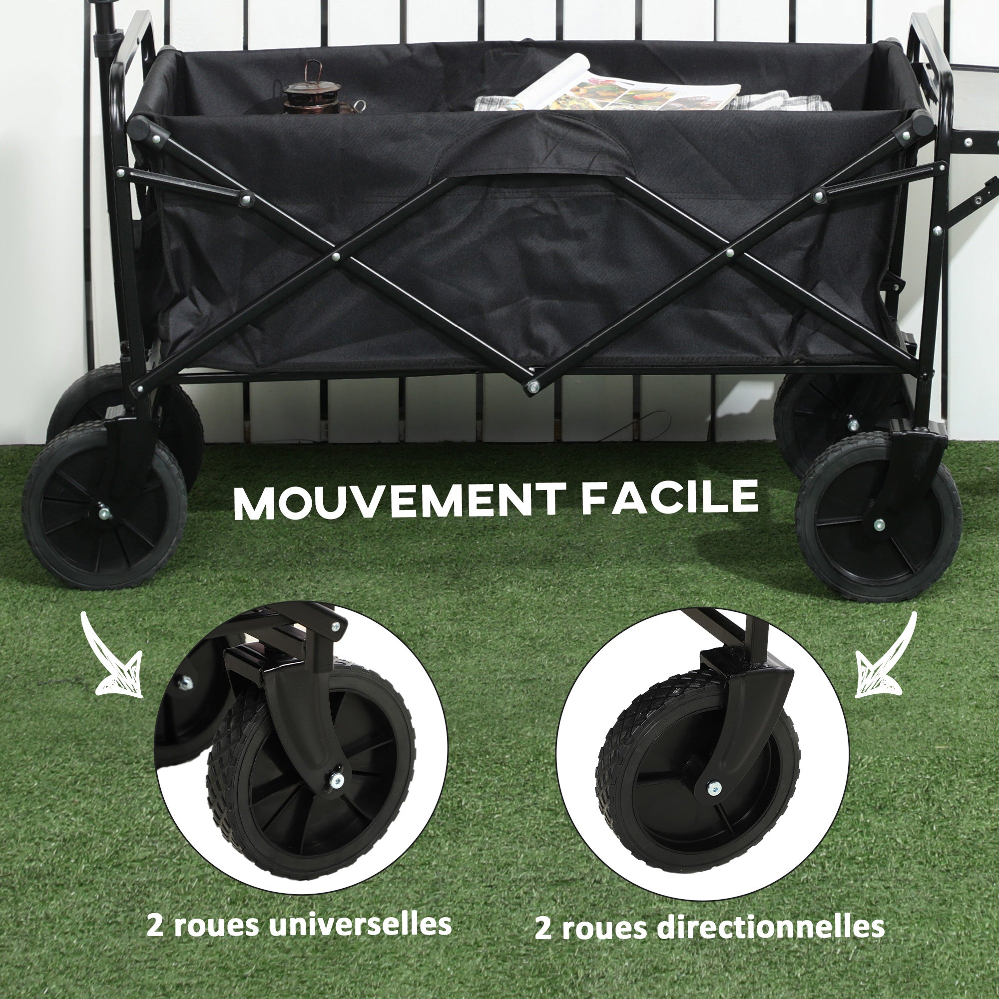 Folding Beach Cart, 4-Wheel Transport Cart Removable Cover Telescopic Handle Adjustable Tilt Folding Tray 117L x 51W x 100H cm black