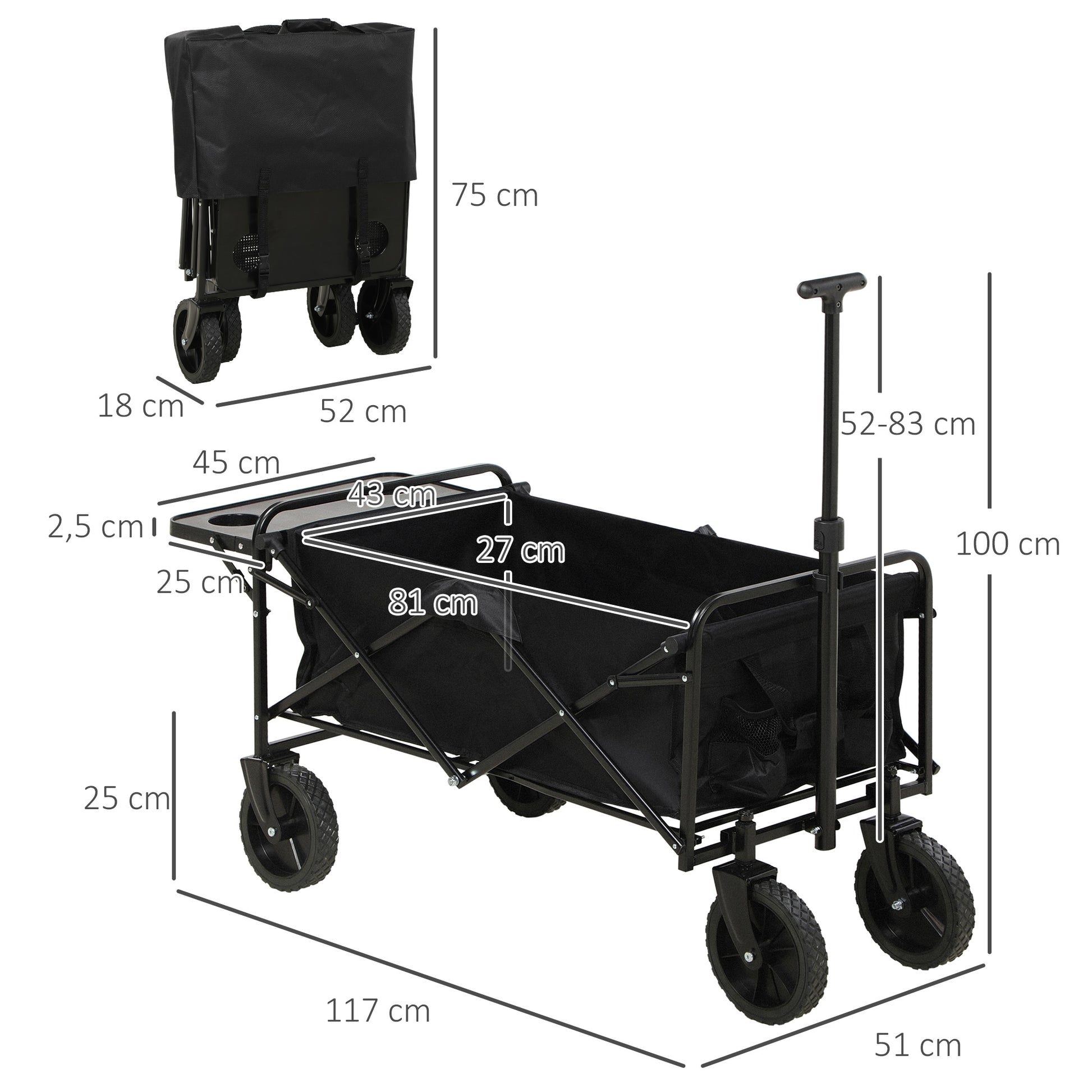 Folding Beach Cart, 4-Wheel Transport Cart Removable Cover Telescopic Handle Adjustable Tilt Folding Tray 117L x 51W x 100H cm black