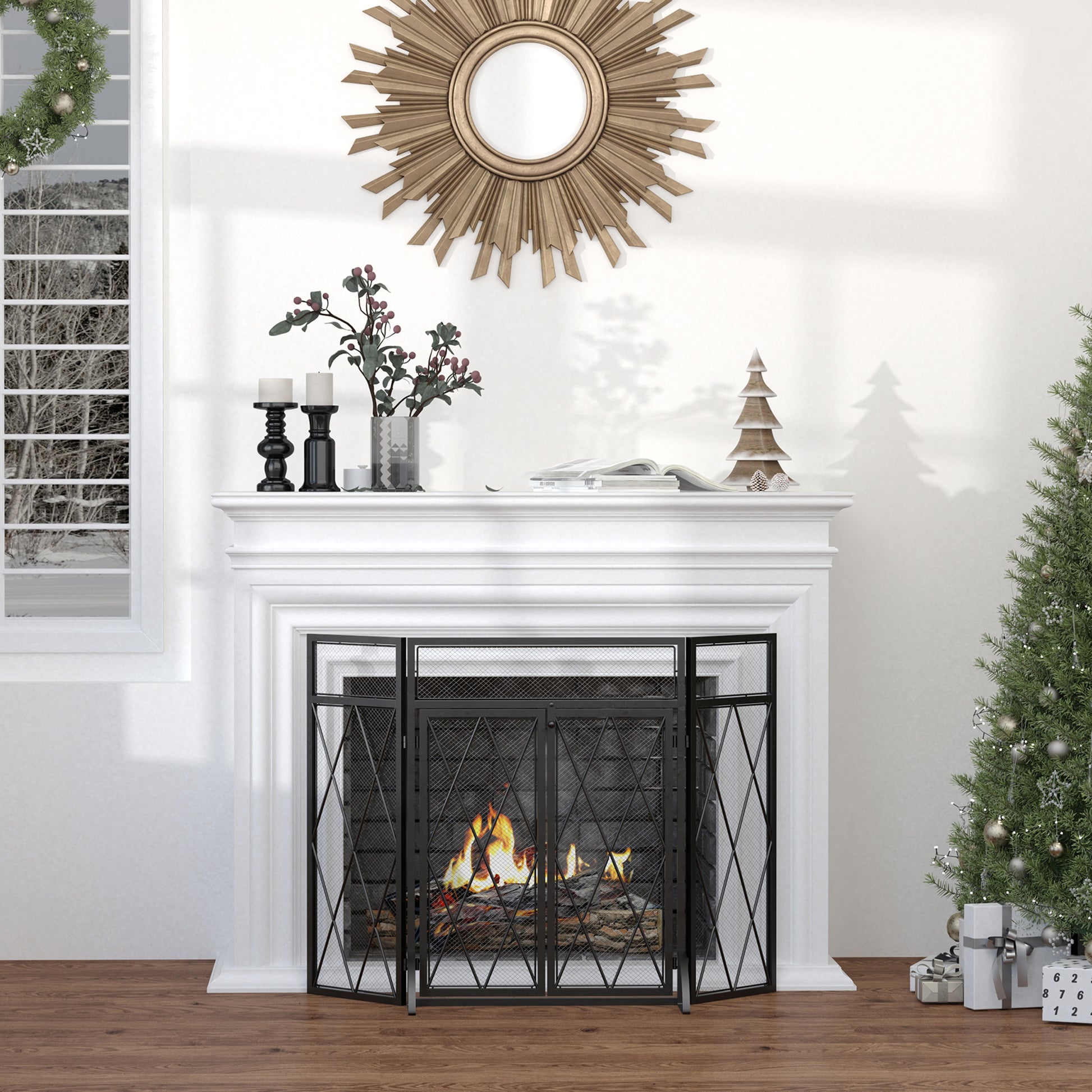 Spark Protection Screen 3pcs. Wrought Iron Fireplace Screen Fireplace Spark Protection Metal Black 120 x 79 cm