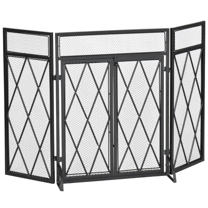 Spark Protection Screen 3pcs. Wrought Iron Fireplace Screen Fireplace Spark Protection Metal Black 120 x 79 cm