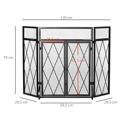 Spark Protection Screen 3pcs. Wrought Iron Fireplace Screen Fireplace Spark Protection Metal Black 120 x 79 cm