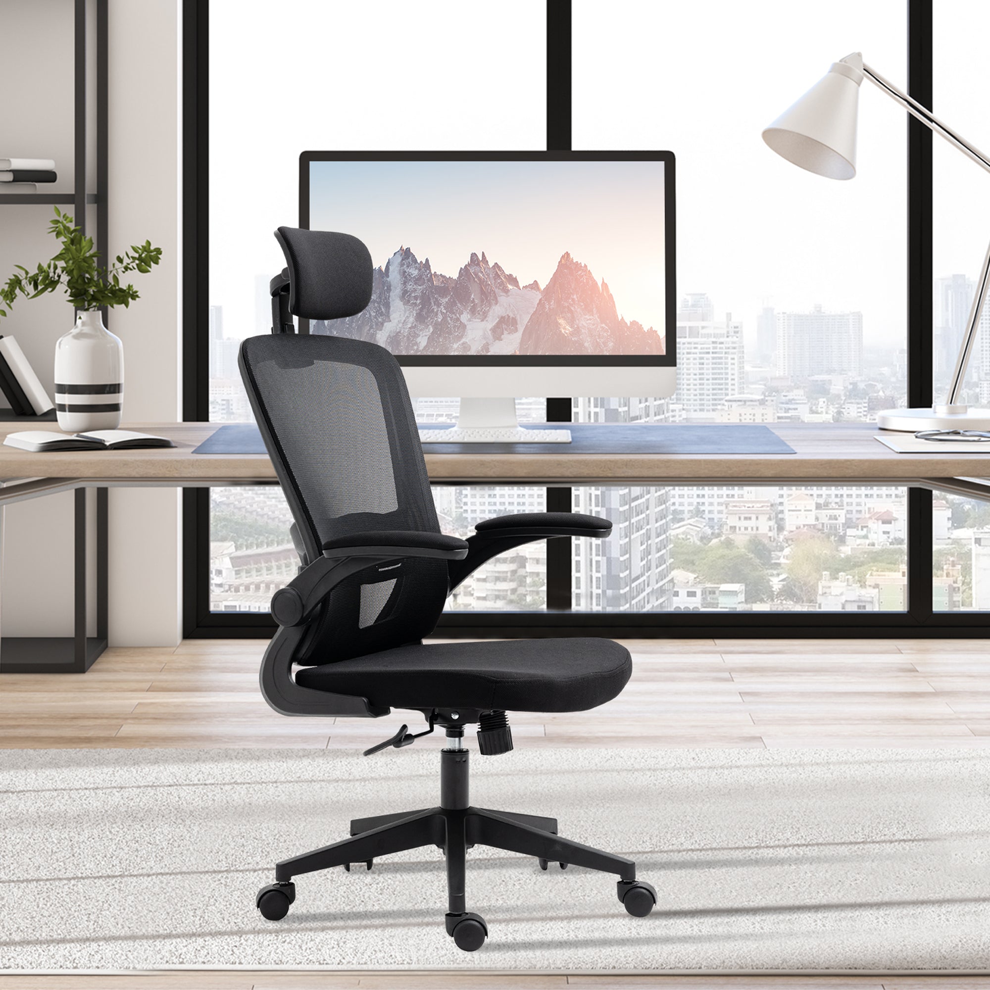 Mesh Office Chair Swivel Desk Chair with Adjustable Height Foldable Armrests Adjustable Headrest and Lumbar Support 65x64x114-122 cm Black
