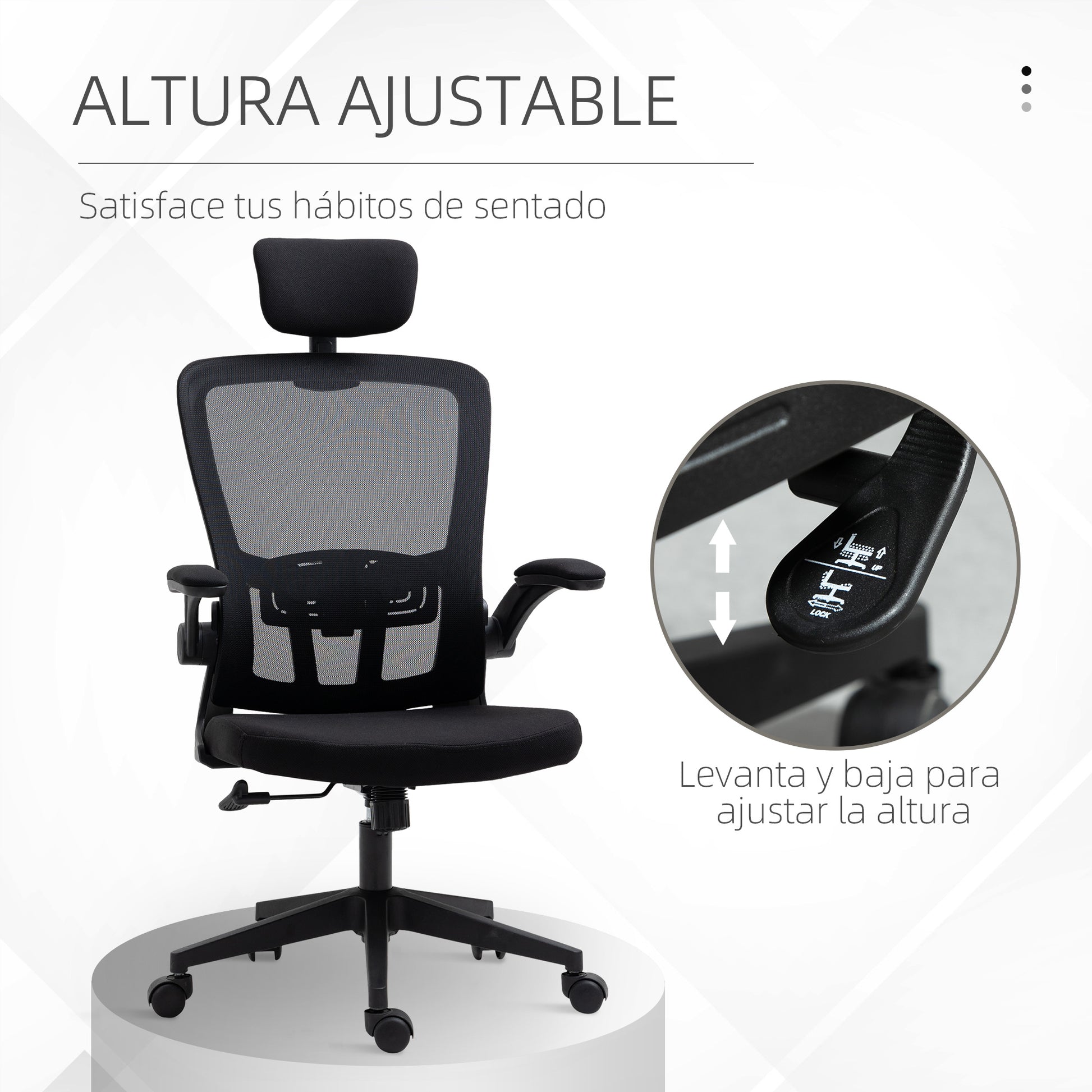 Mesh Office Chair Swivel Desk Chair with Adjustable Height Foldable Armrests Adjustable Headrest and Lumbar Support 65x64x114-122 cm Black